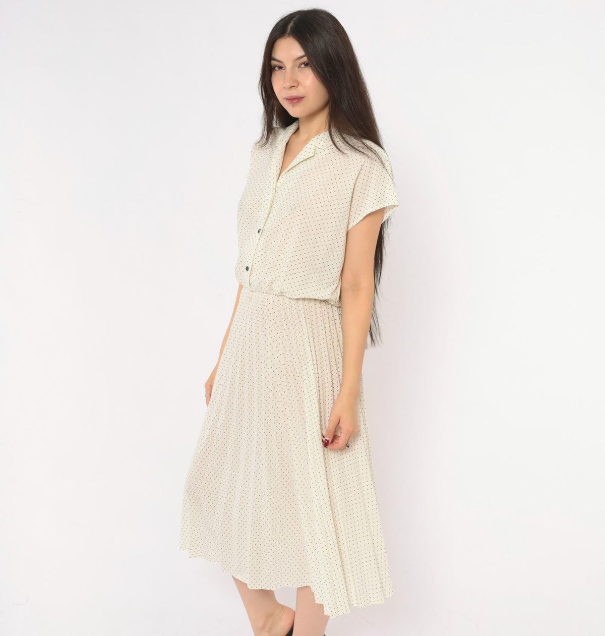 70s Promises Promises Polka Dot Dress Cream Navy Cap Sleeve Knee Length Small