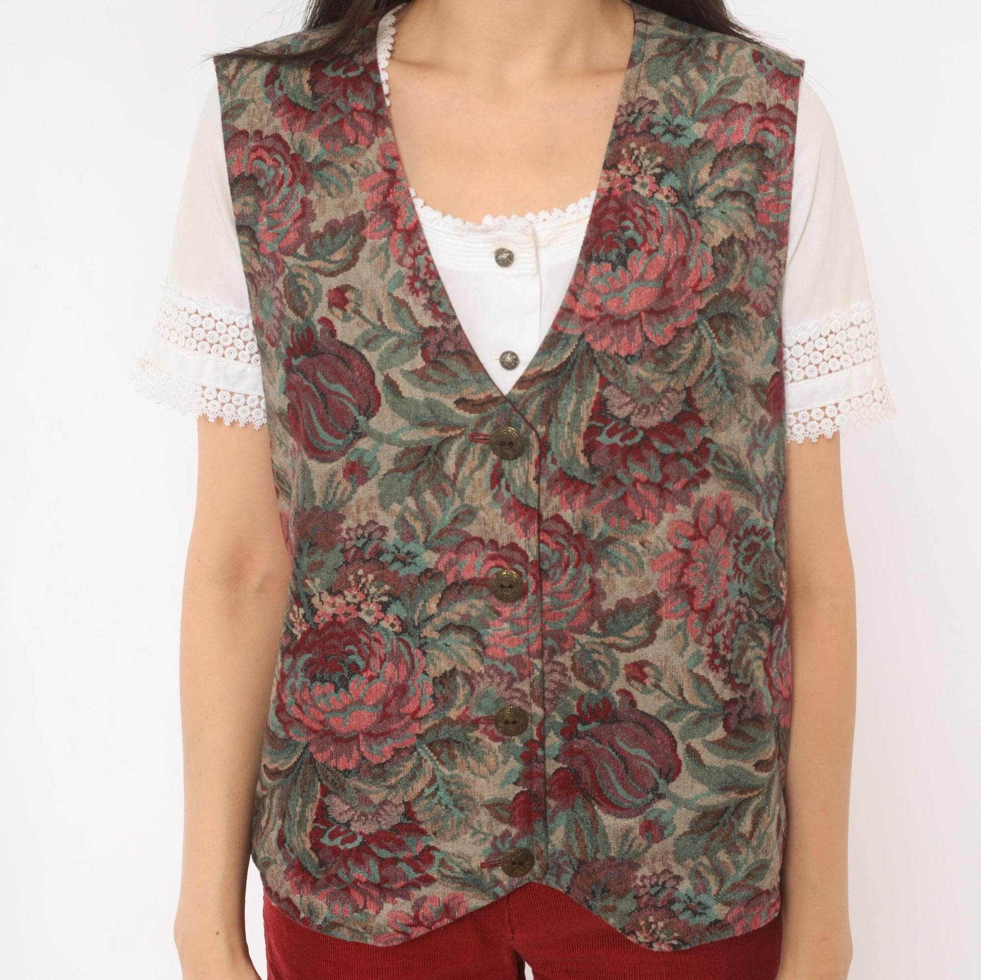 90s Floral Tapestry Vest Burgundy Teal Rose Jacquard Button Front Large L