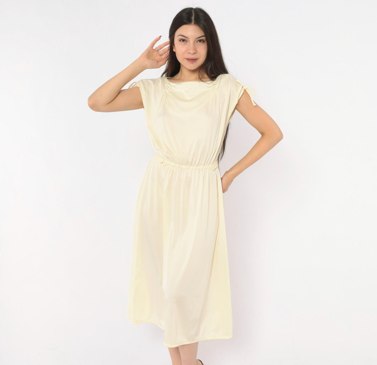 70s Cream Cap Sleeve Dress Ivory A-Line Midi Bow Detail Scoop Neck Small