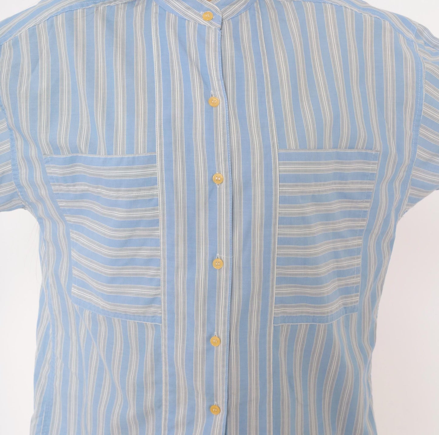 90s Gap Blue White Striped Shirt Band Collar Cotton Blouse Medium M