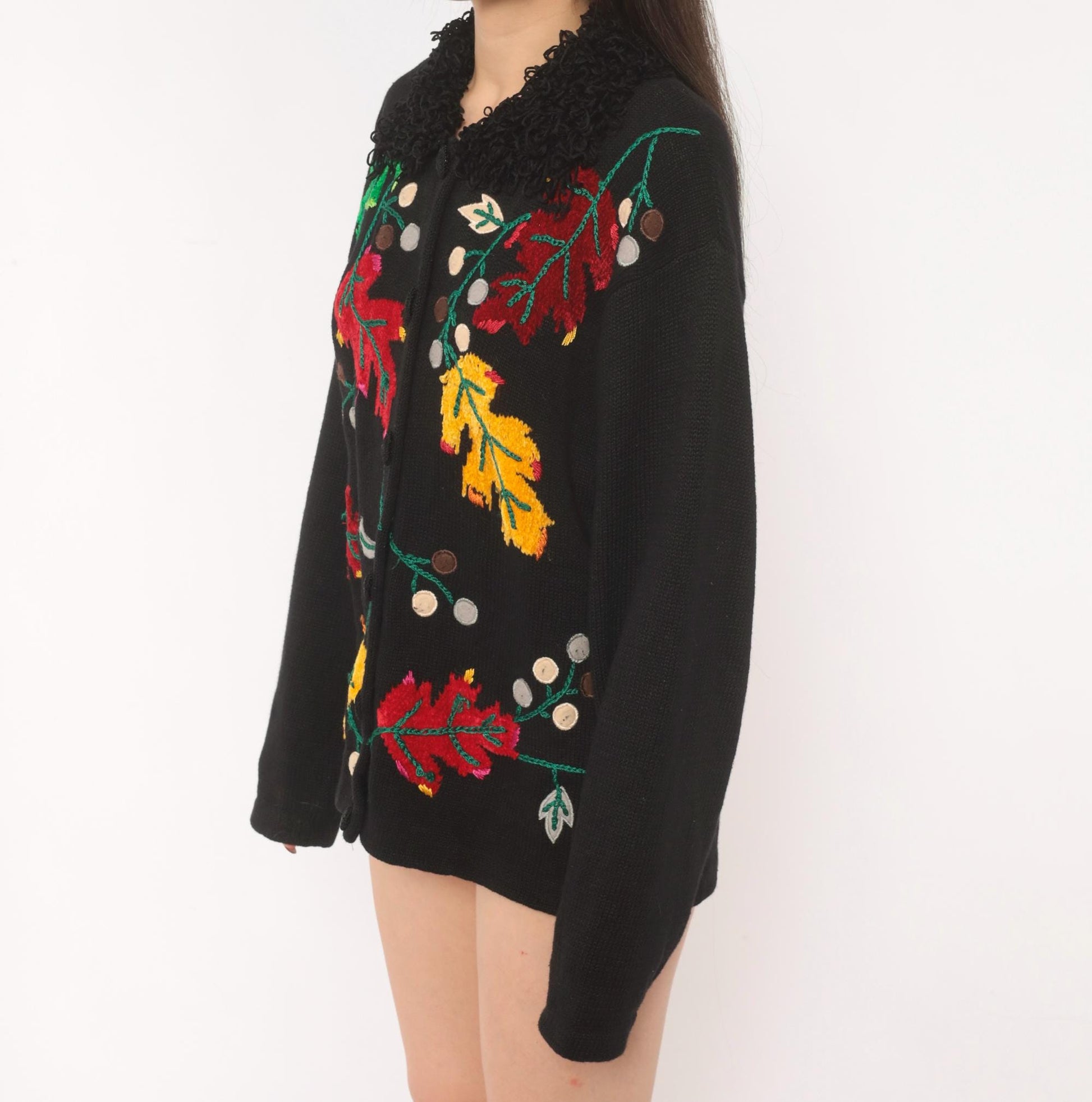 90s Victoria Harbour Black Cardigan Embroidered Autumn Leaves Large L