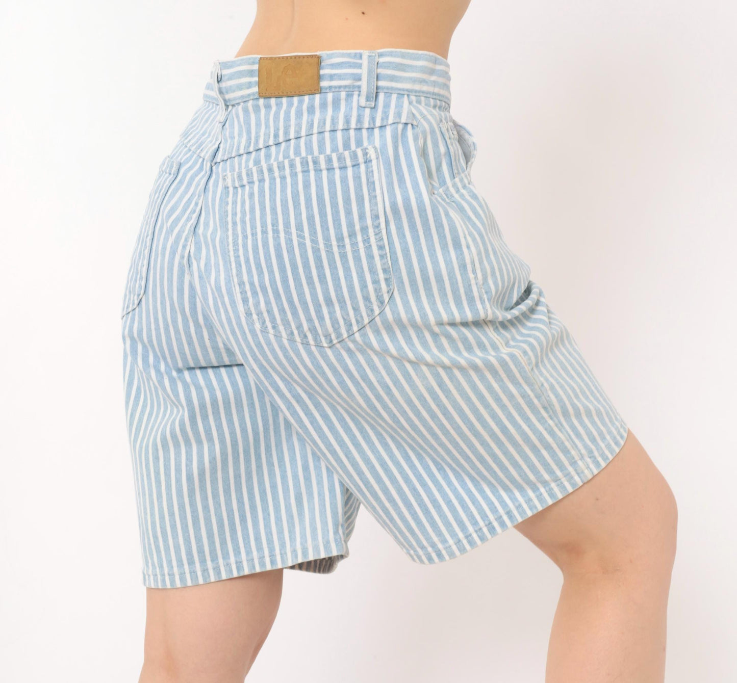 90s Lee High Waist Pinstriped Denim Shorts Blue White Bermuda Medium M