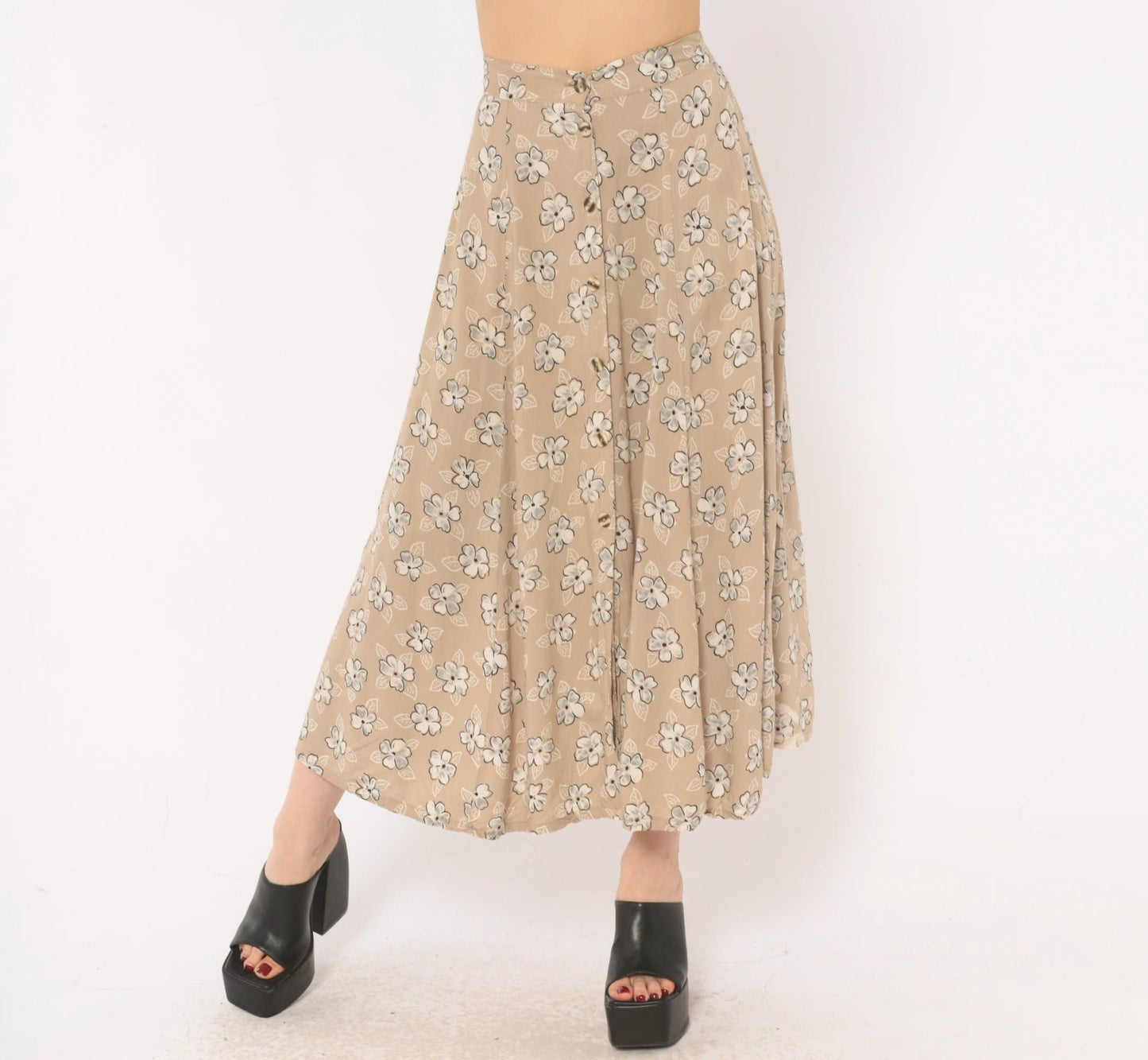 90s Tan Floral Maxi Skirt A-Line Button Front Elastic Waist Medium