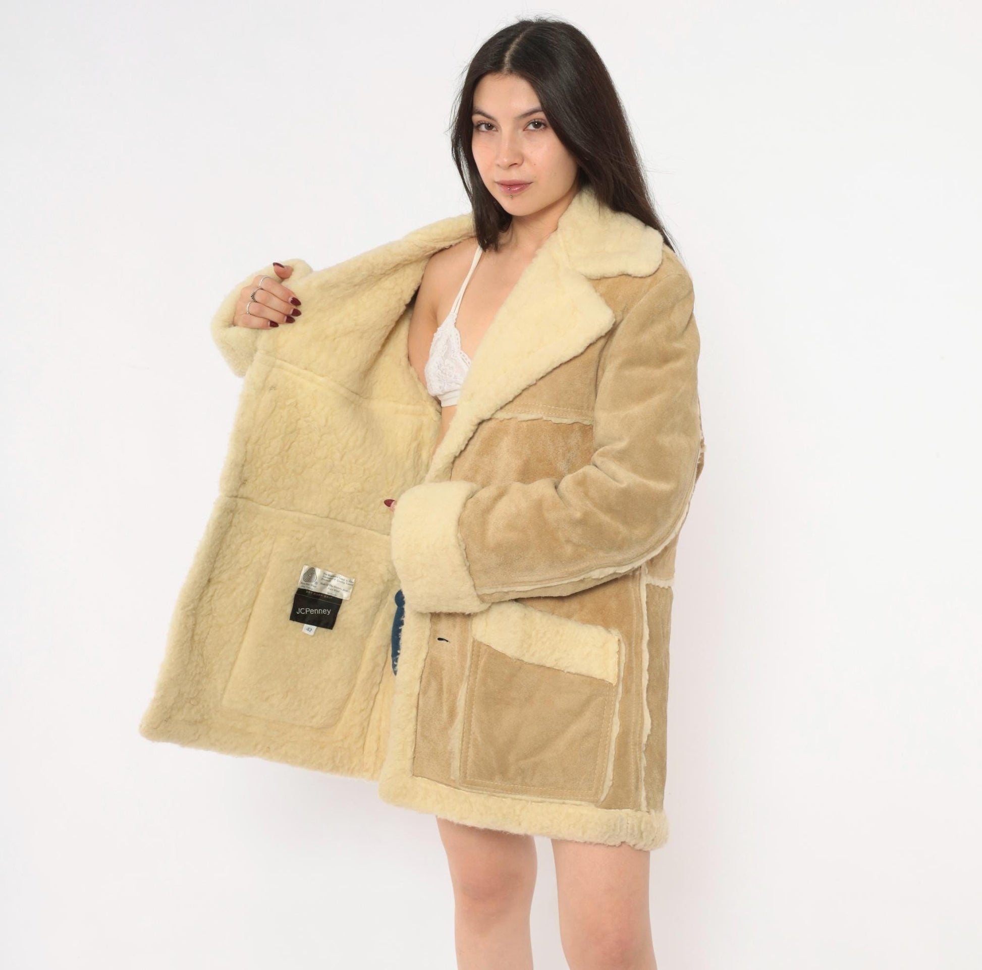 70s Tan Suede Shearling Jacket Wool Lined Cream Sherpa Collar Extra Large XL