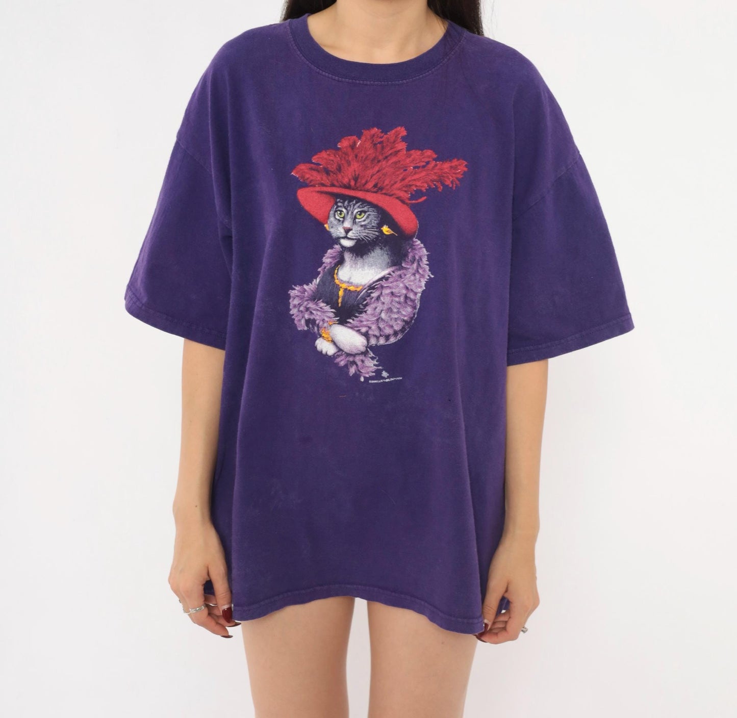 Y2K Gildan Cat Graphic Tee Purple Feather Boa Red Hat Extra Large XL