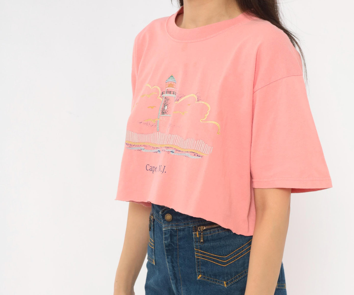 90s Anvil Lighthouse Cape May Crop Top Embroidered Cotton Pink Large L