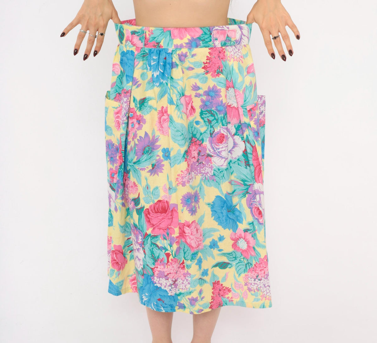 80s Lanzetta Sport Floral Midi Skirt Pink Rose Yellow Cotton High Waist Medium