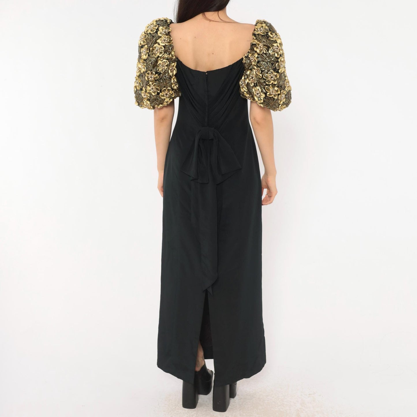 80s Eve of Milady Black Maxi Gown Gold Puff Sleeve Beaded Floral Medium