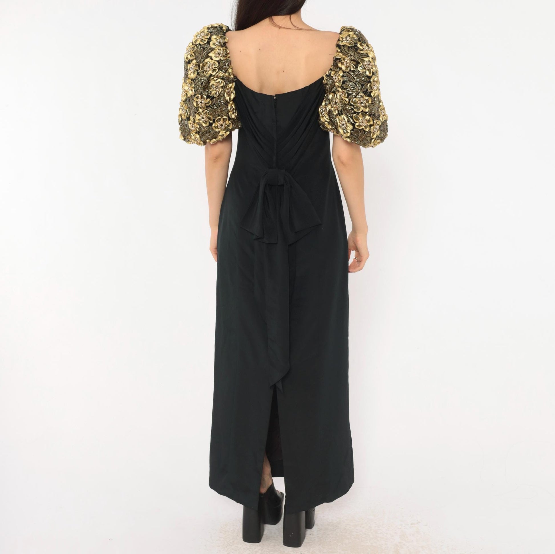 80s Eve of Milady Black Maxi Gown Gold Puff Sleeve Beaded Floral Medium