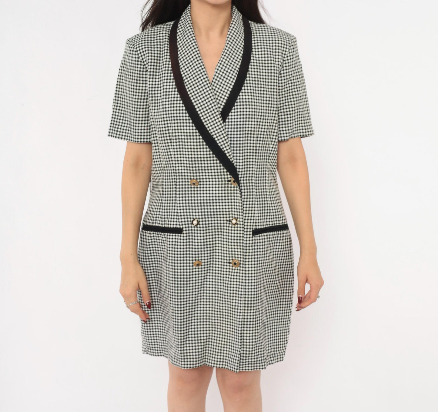 80s Danny & Nicole Gingham Blazer Dress Black White Check Large