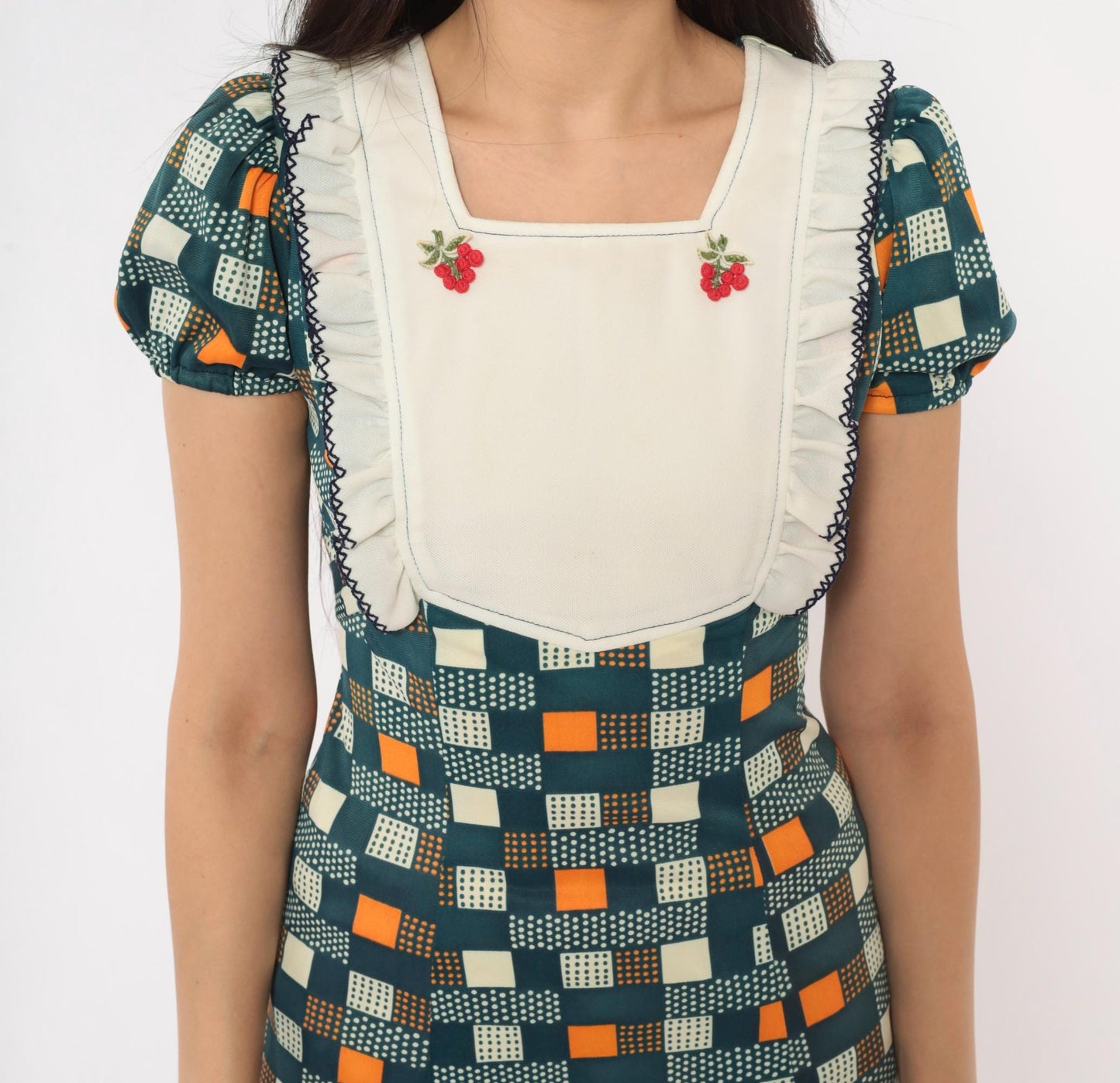 70s Navy Mini Dress Cherry Embroidered Geometric Puff Sleeve Bib Front Extra Small