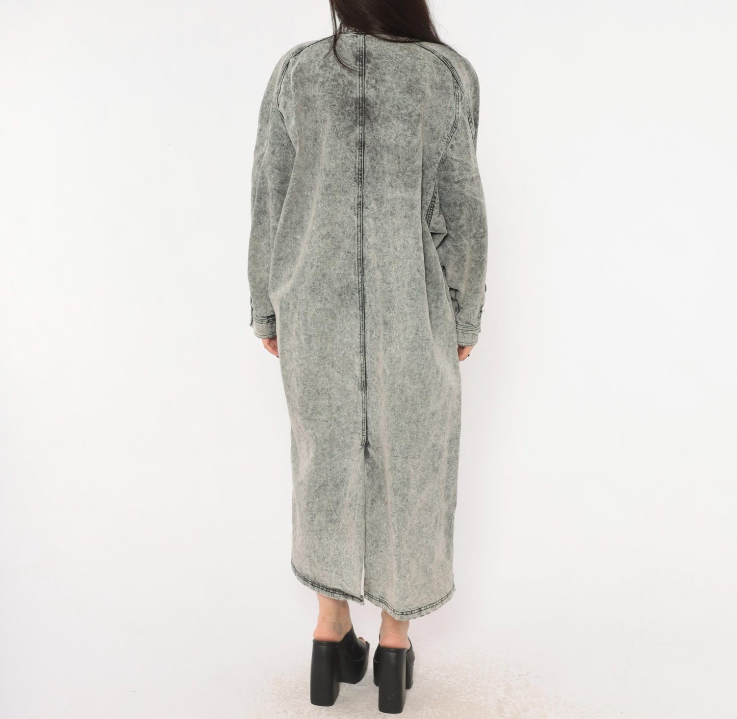 90s Acid Wash Denim Duster Grey Snap Front Maxi Jacket Cotton Medium M
