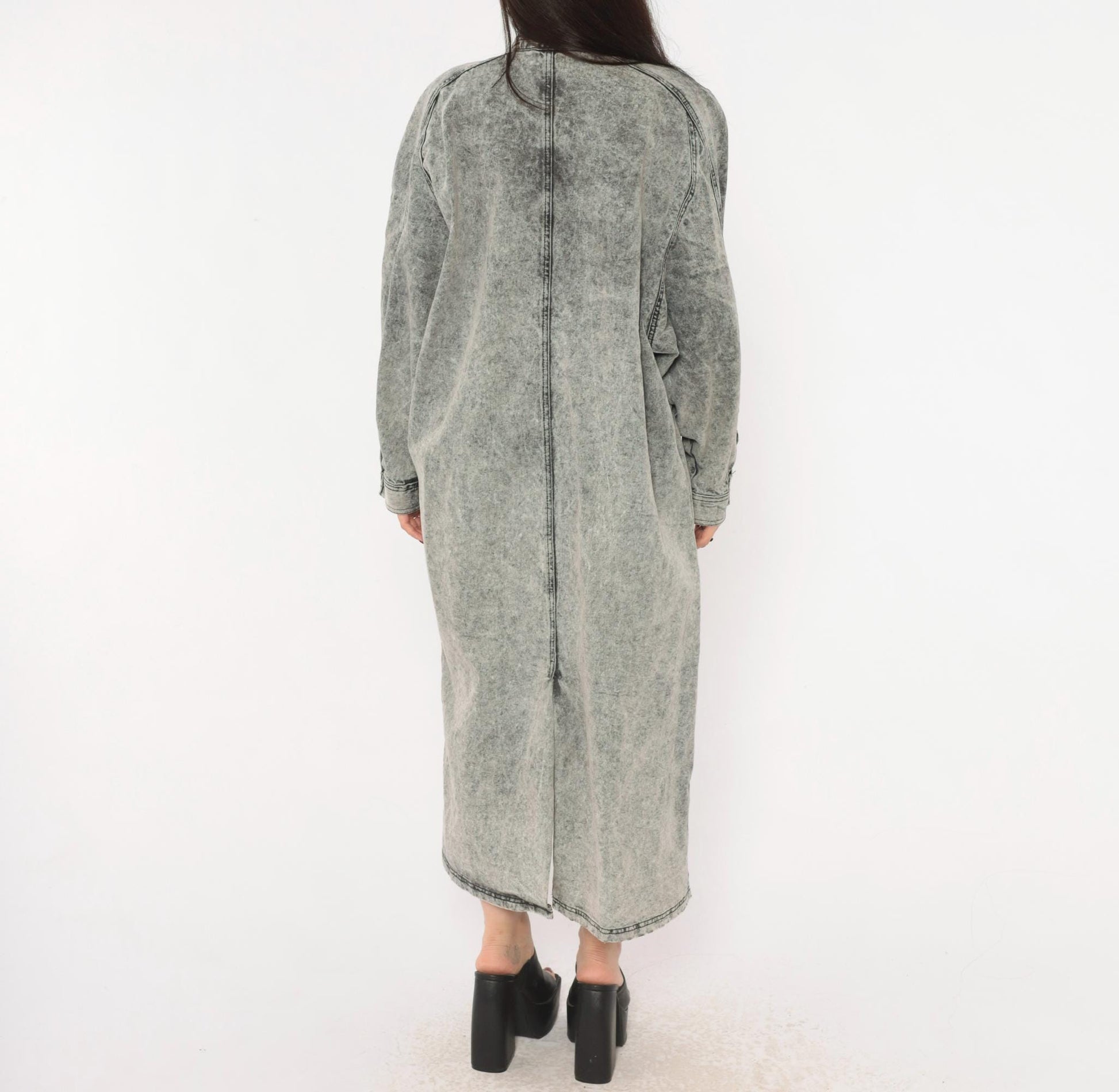 90s Acid Wash Denim Duster Grey Snap Front Maxi Jacket Cotton Medium M