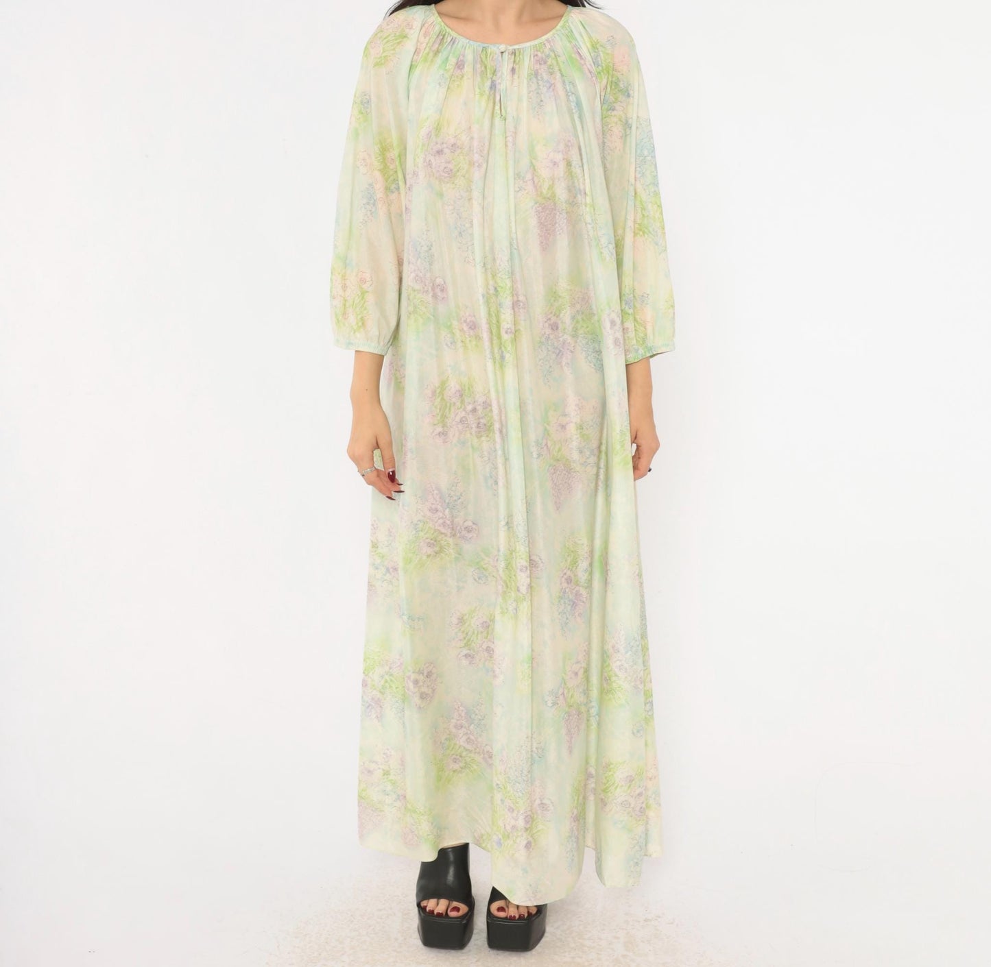 70s Floral Watercolor Maxi Nightgown Lavender Pink Blue Balloon Sleeve Medium M