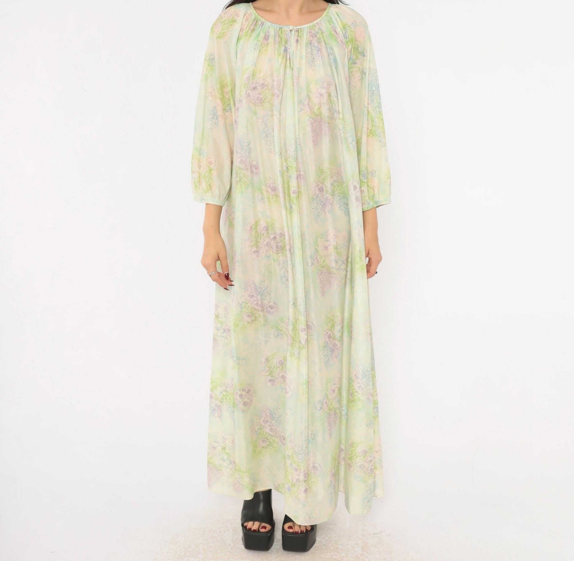 70s Floral Watercolor Maxi Nightgown Lavender Pink Blue Balloon Sleeve Medium M