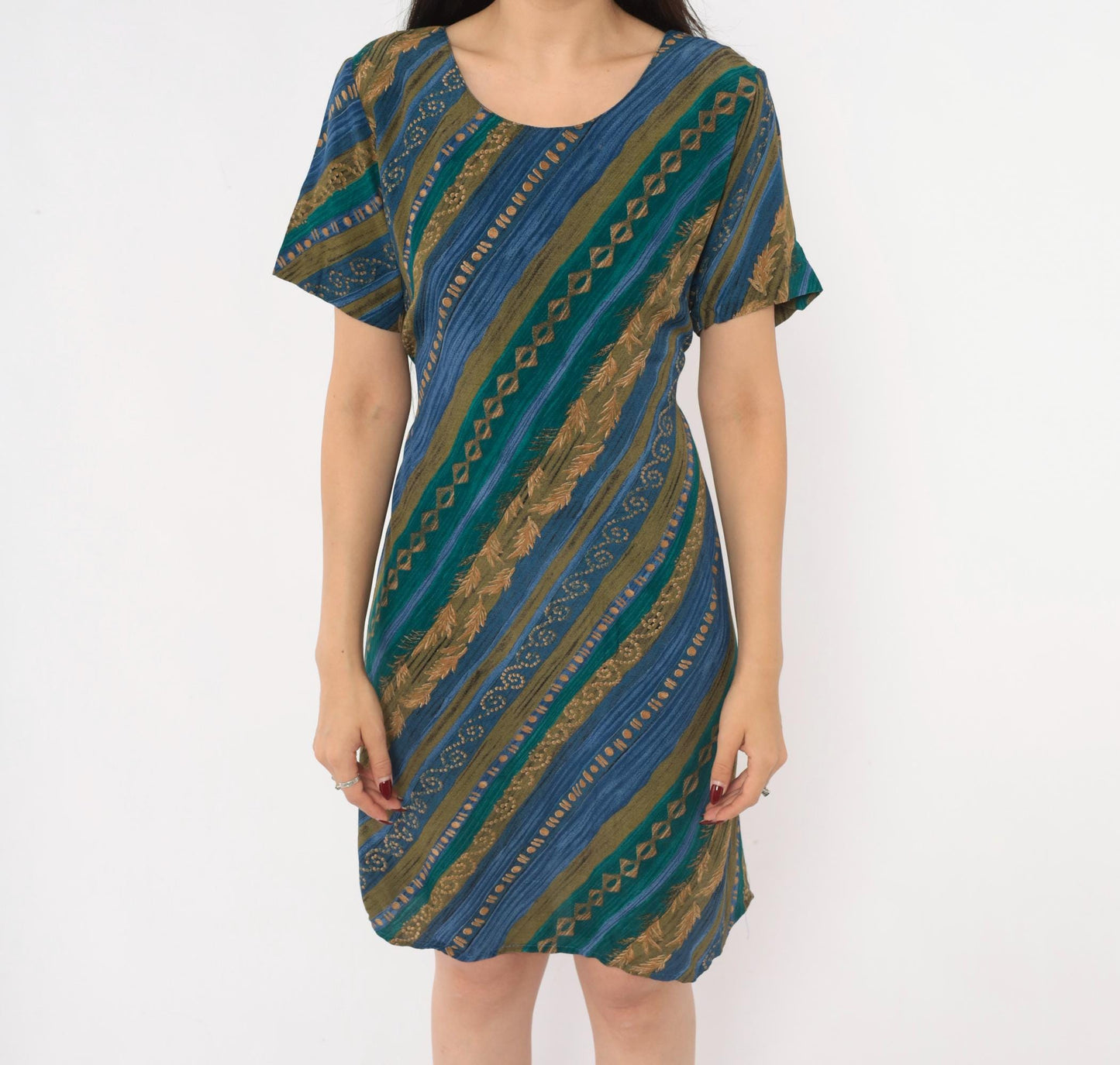 90s Tribal Geometric Sundress Blue Teal Gold Diagonal Stripe A-Line Medium M