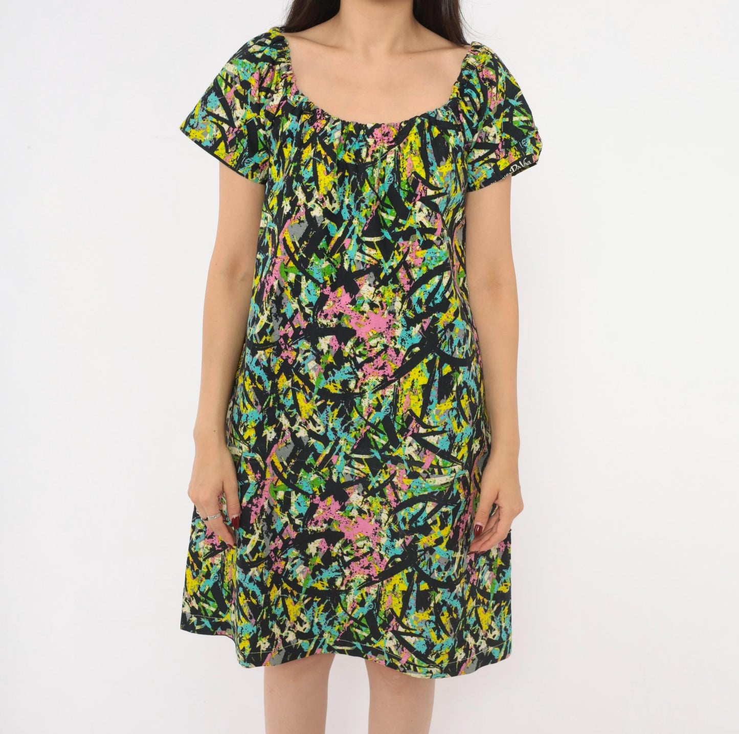 70s Splatter Paint Shift Dress Abstract Print Cotton A-Line Medium