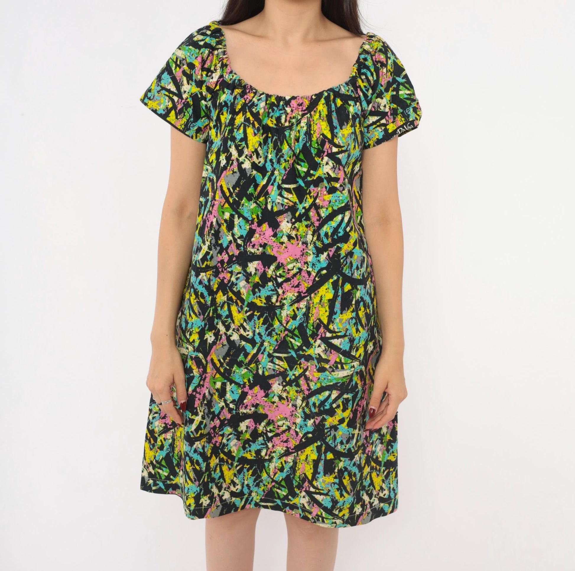 70s Splatter Paint Shift Dress Abstract Print Cotton A-Line Medium