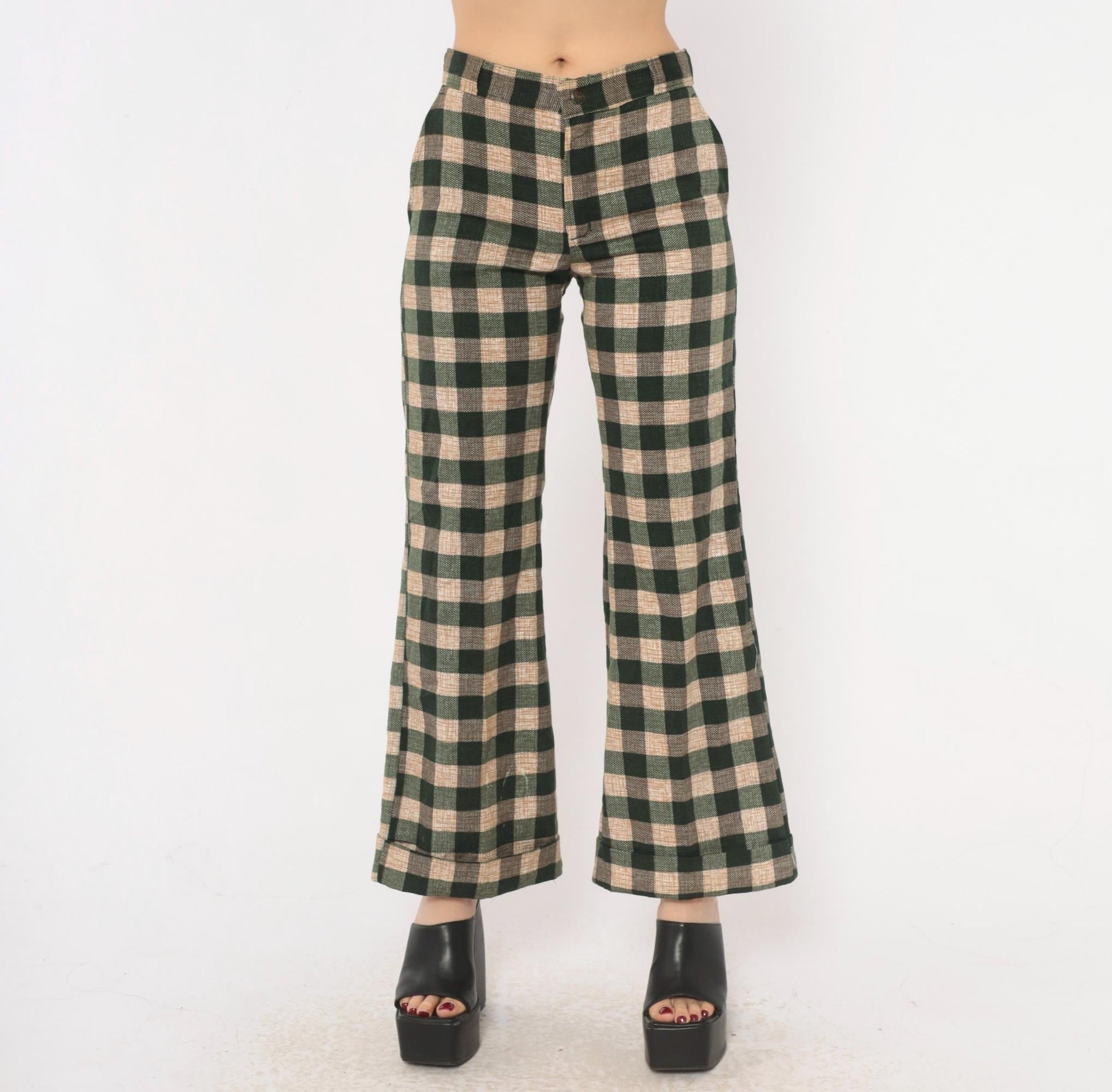 70s Tale Lord Green Tan Buffalo Check Flare Pants High Waist Extra Small XS