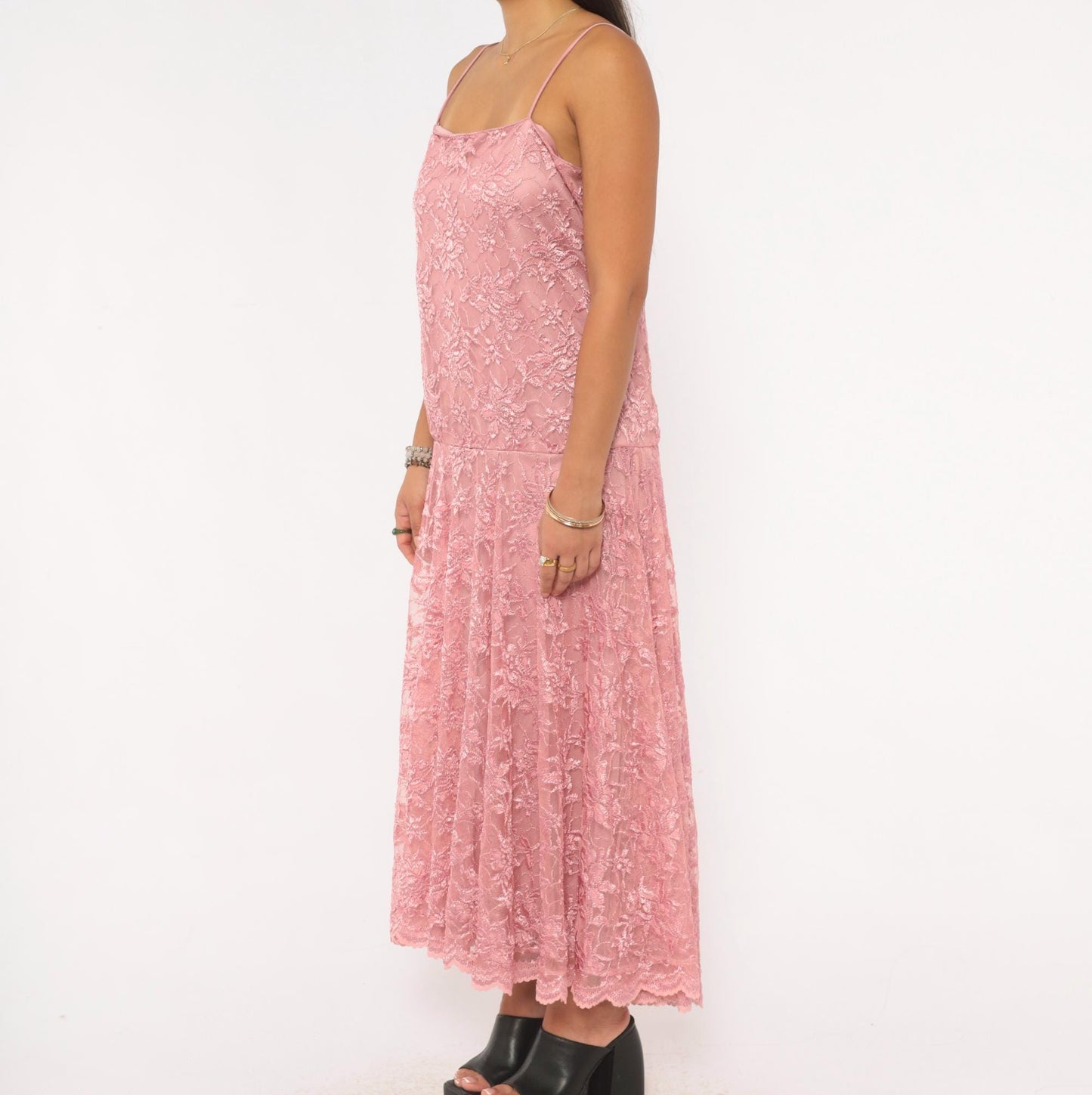 80s Pat Richards Pink Lace Maxi Dress Floral Embroidered Drop Waist Medium