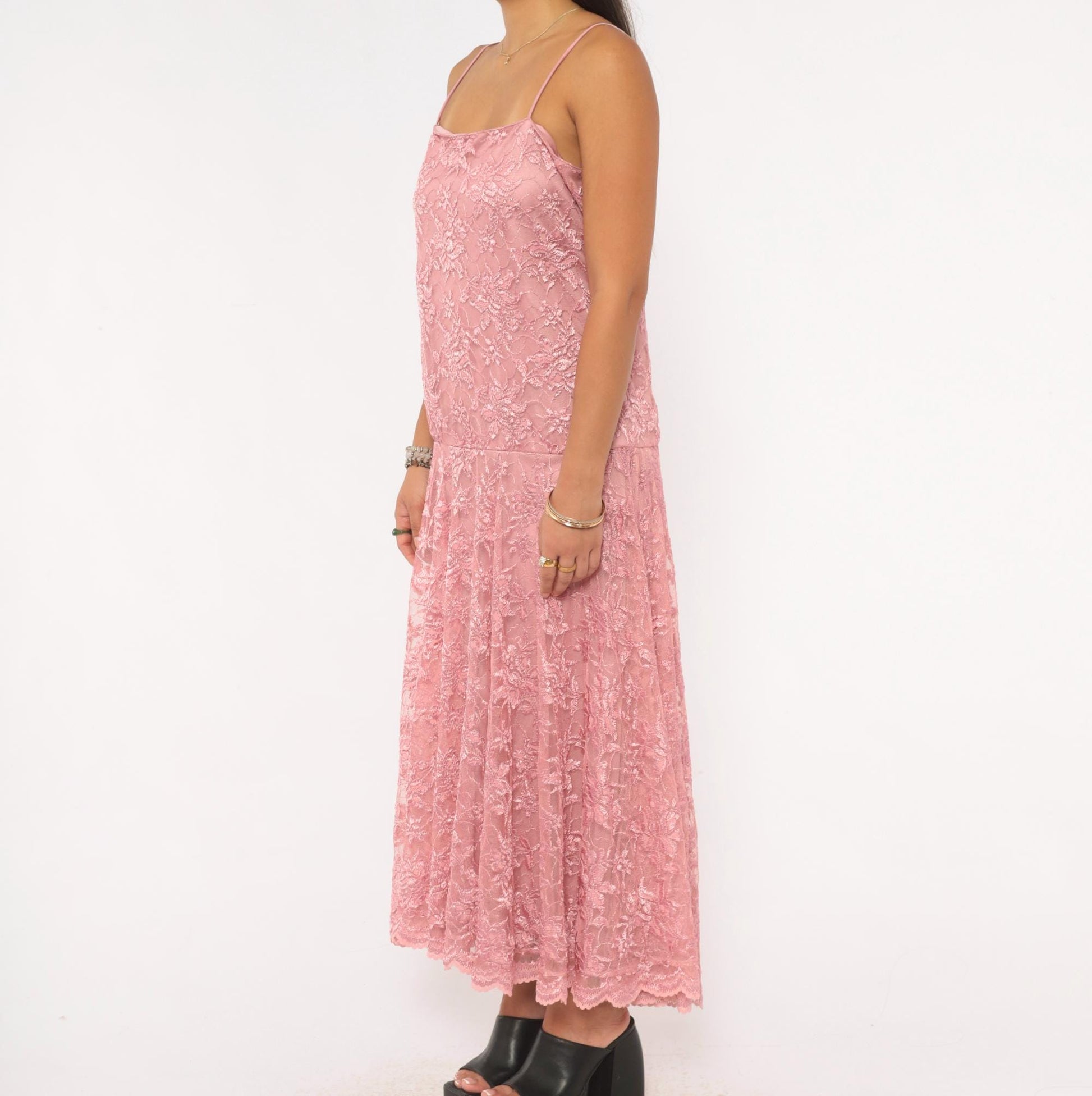 80s Pat Richards Pink Lace Maxi Dress Floral Embroidered Drop Waist Medium