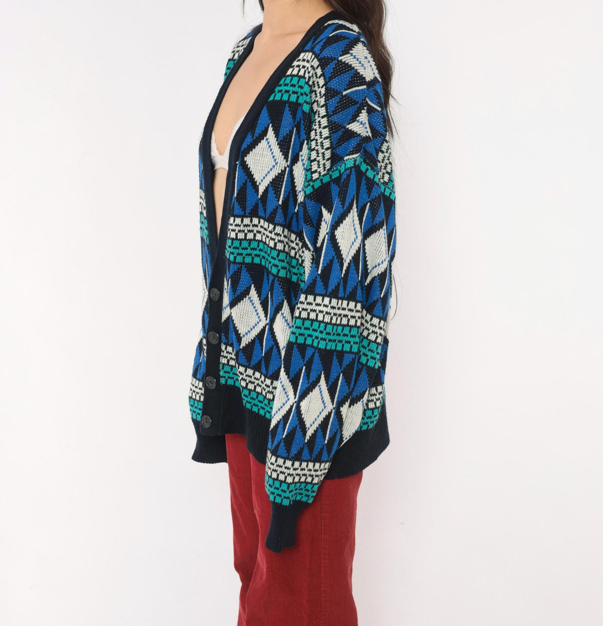 90s Sun Set High Way Geometric Knit Cardigan Navy Teal Diamond Fair Isle Large L