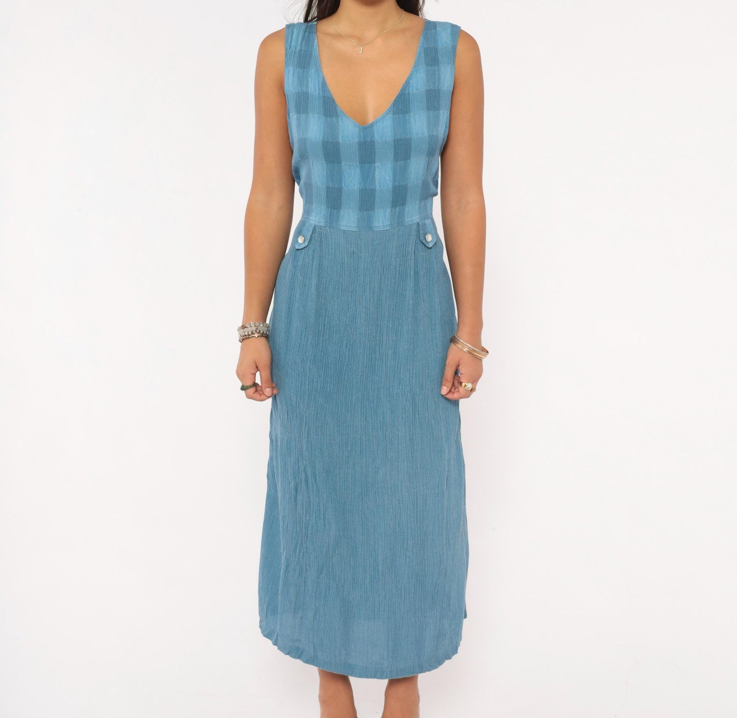 90s Whirlaway Frocks Blue Gingham Midi Dress Tie Back V Neck Large L