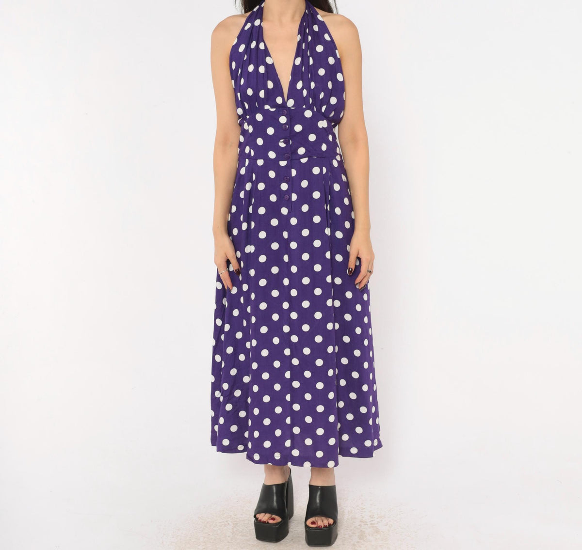 Y2K Purple White Polka Dot Halter Midi Dress Backless Rayon Large