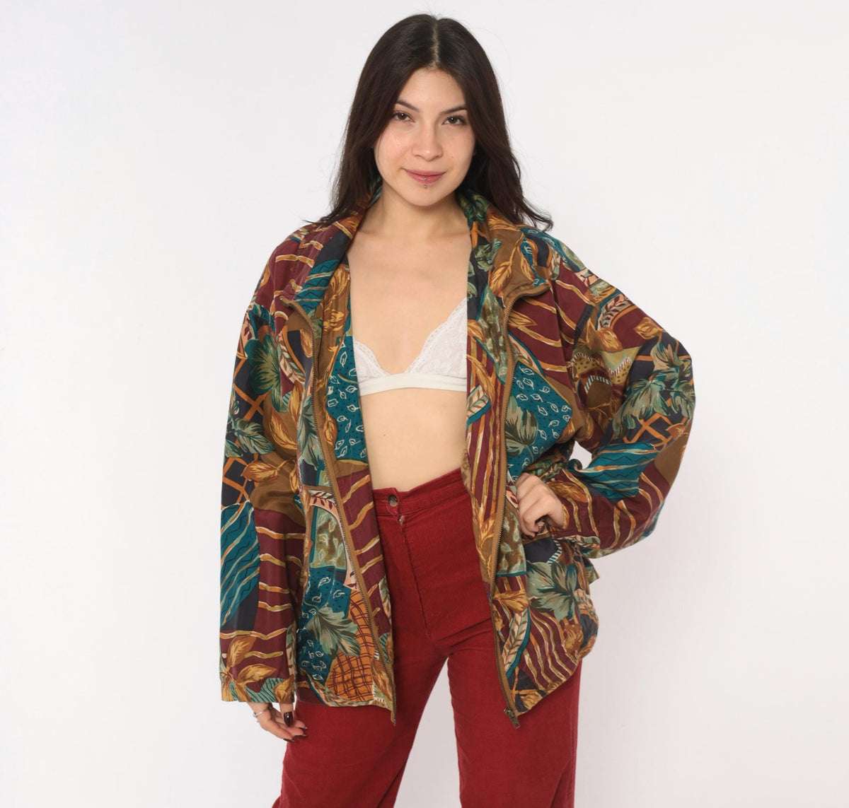 90s EVR Silk Bomber Jacket Tan Patchwork Leaf Print Unisex Large L
