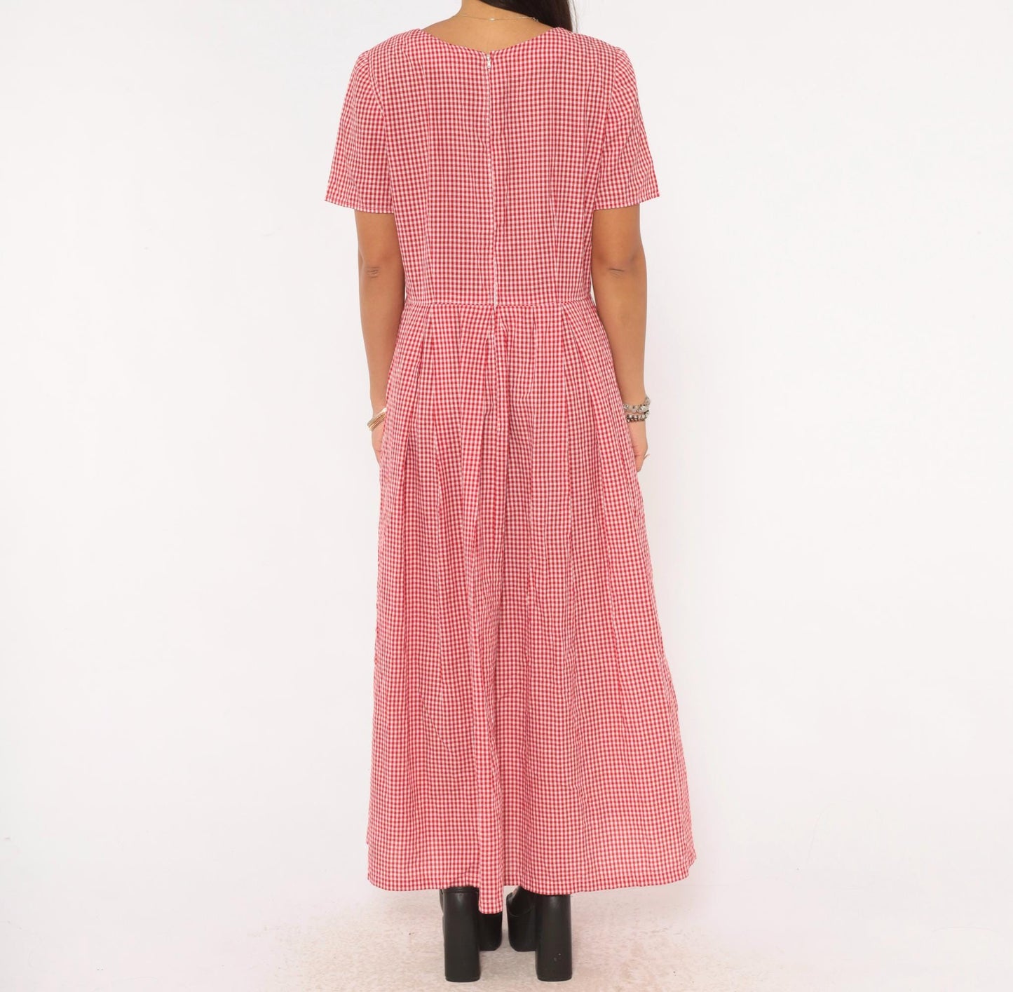 90s Red White Gingham Maxi Dress Sweetheart Neckline Pleated Cotton Large L
