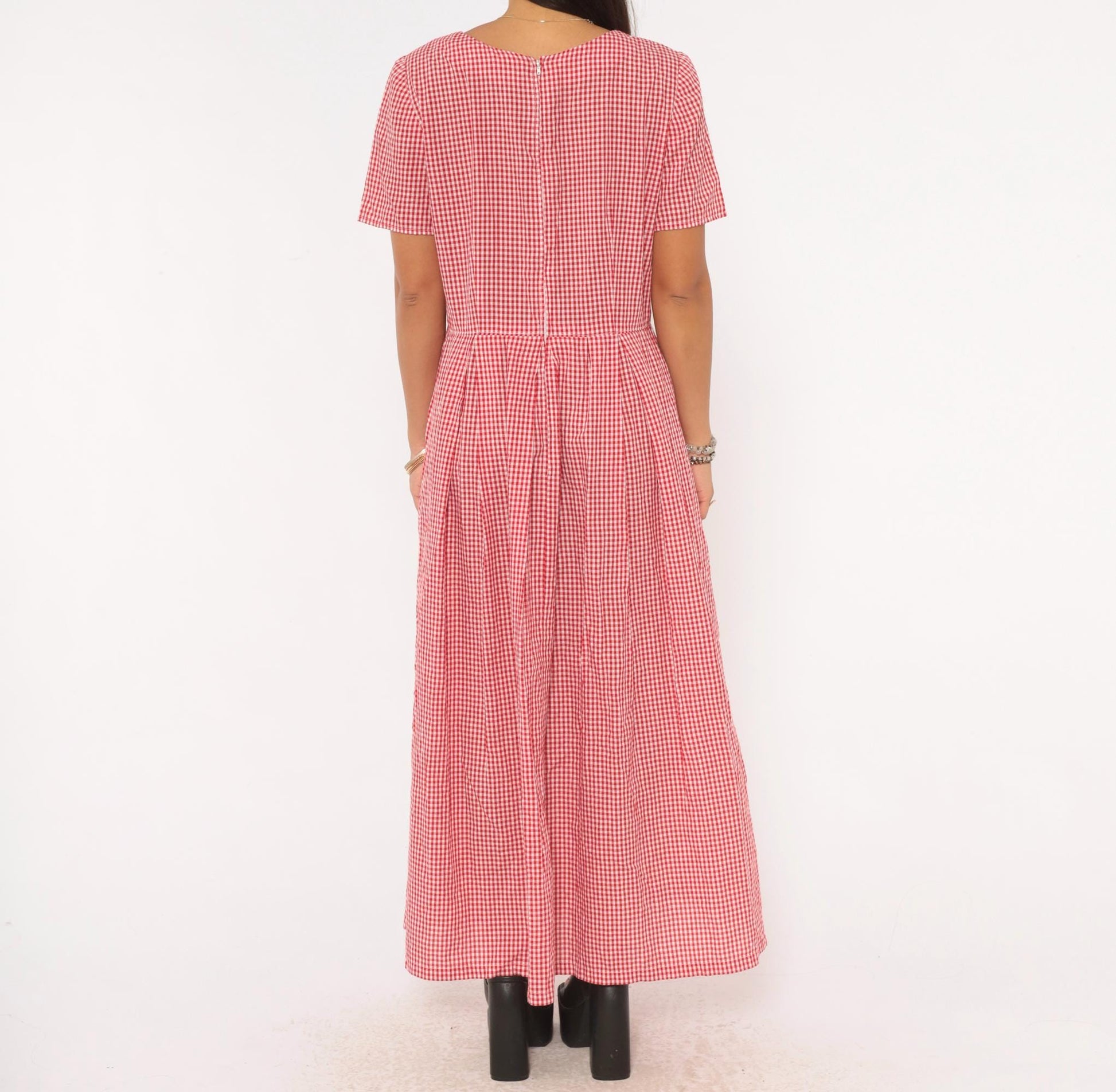 90s Red White Gingham Maxi Dress Sweetheart Neckline Pleated Cotton Large L