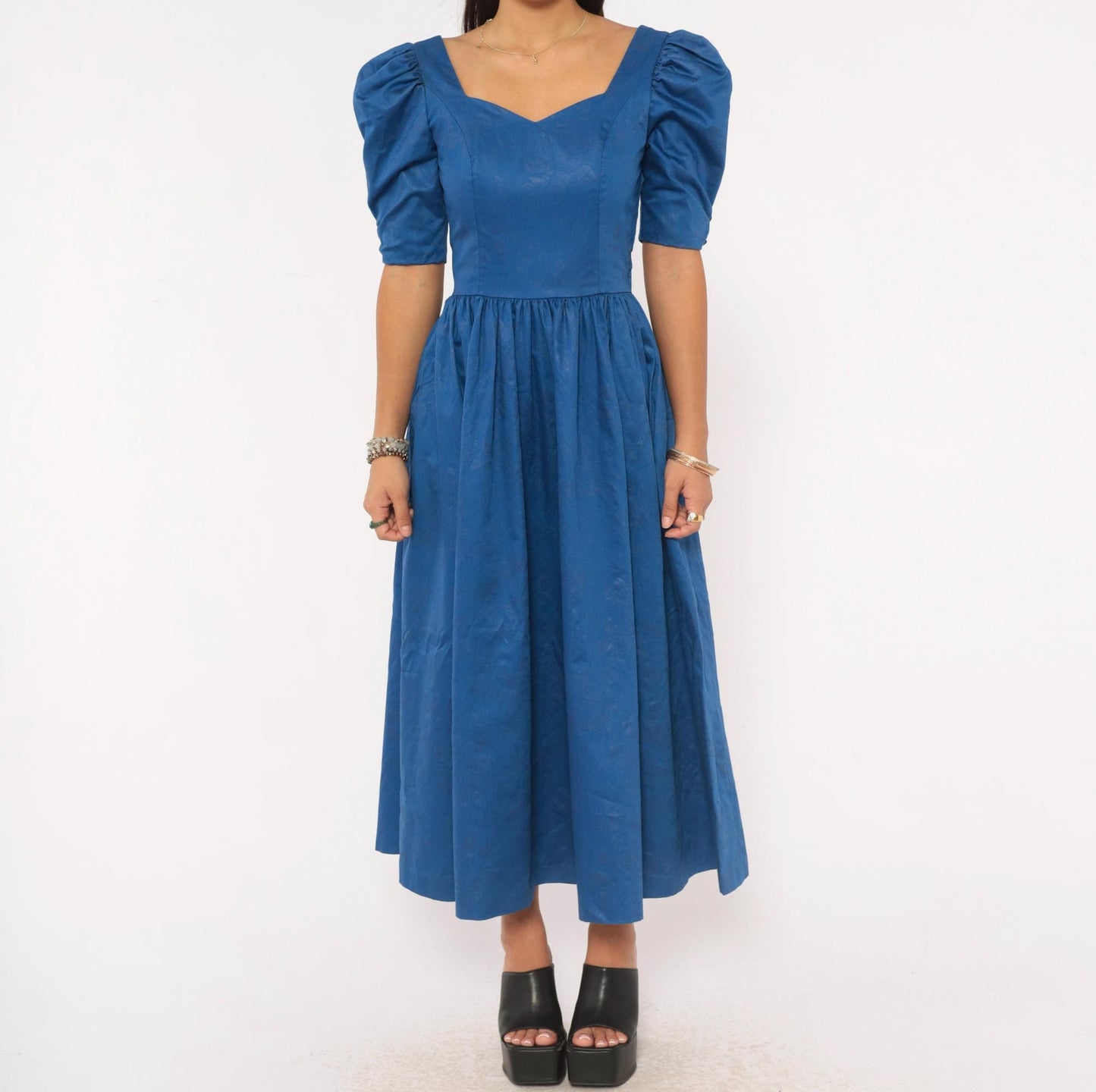 80s Laura Ashley Midi Dress Blue Cotton Puff Sleeve Sweetheart Neckline Extra Small XS