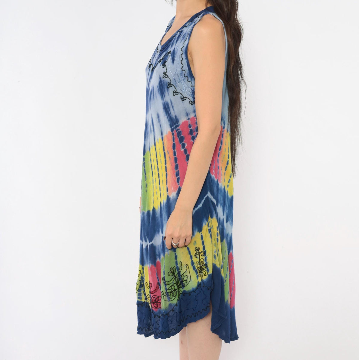 Y2K Tie Dye Sun Dress Blue Rayon Scoop Neck Trapeze Knee Length Small