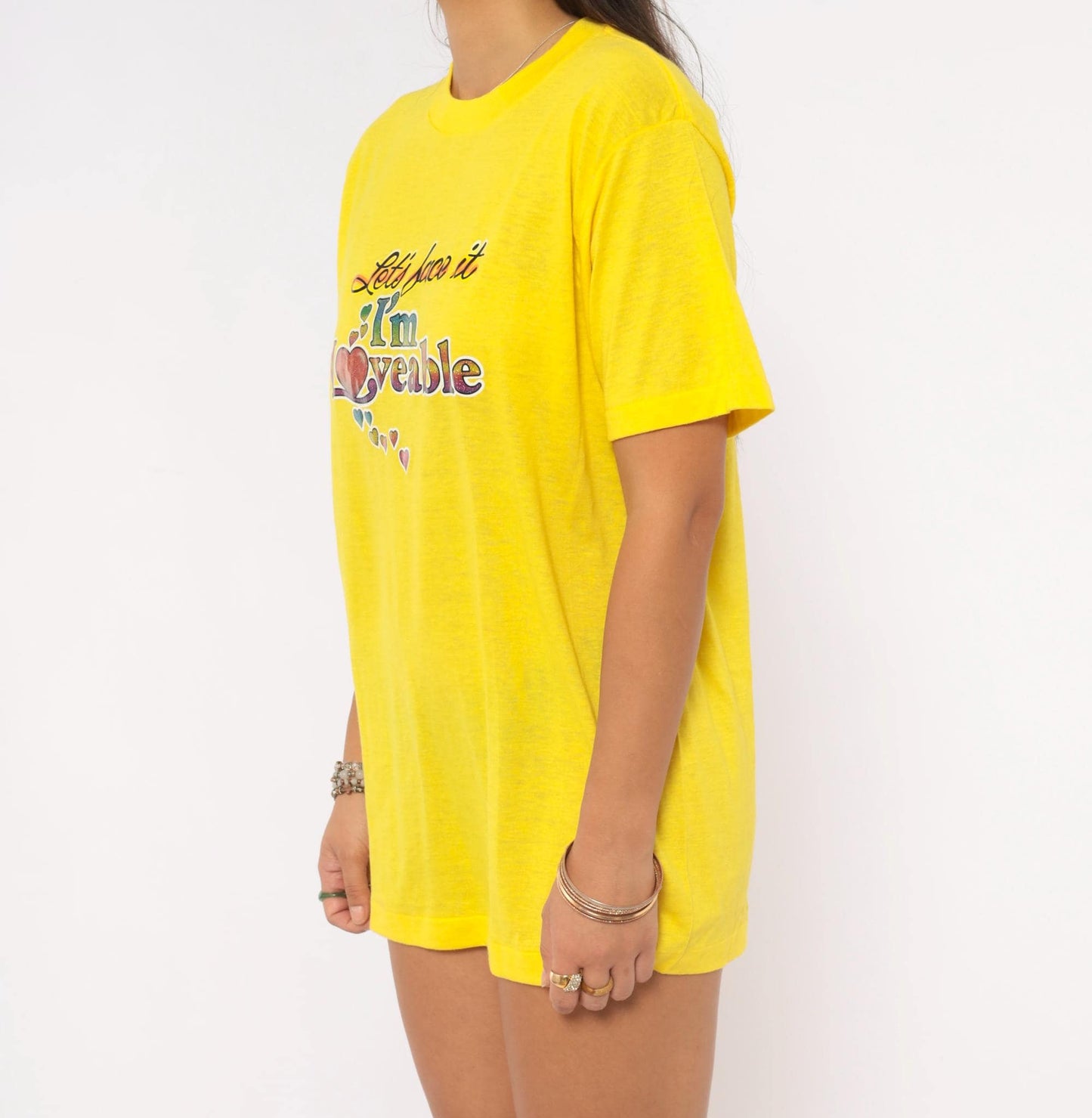 80s Ched "Let's Face It I'm Loveable" Heart Glitter Tee Yellow Graphic Slogan Large L