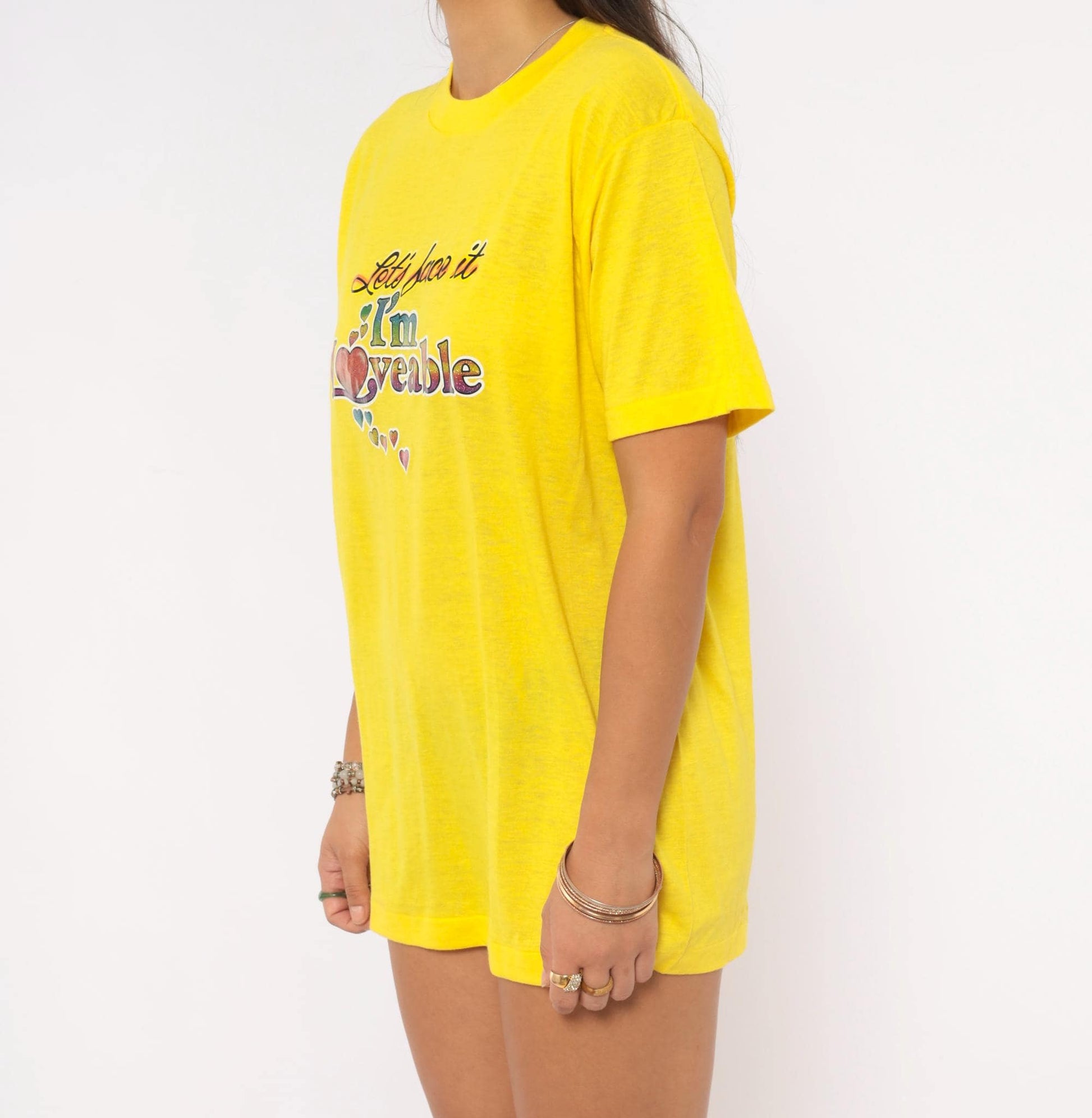 80s Ched "Let's Face It I'm Loveable" Heart Glitter Tee Yellow Graphic Slogan Large L