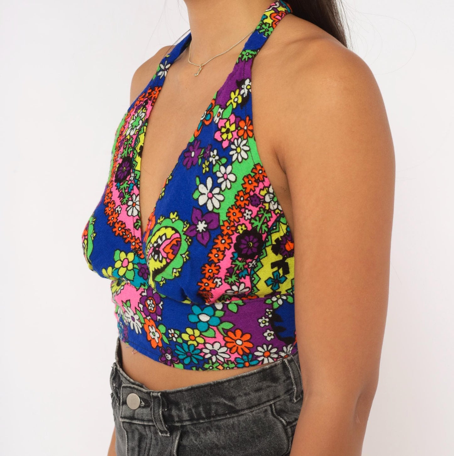 70s Psychedelic Floral Halter Crop Top Tie Back Backless Medium