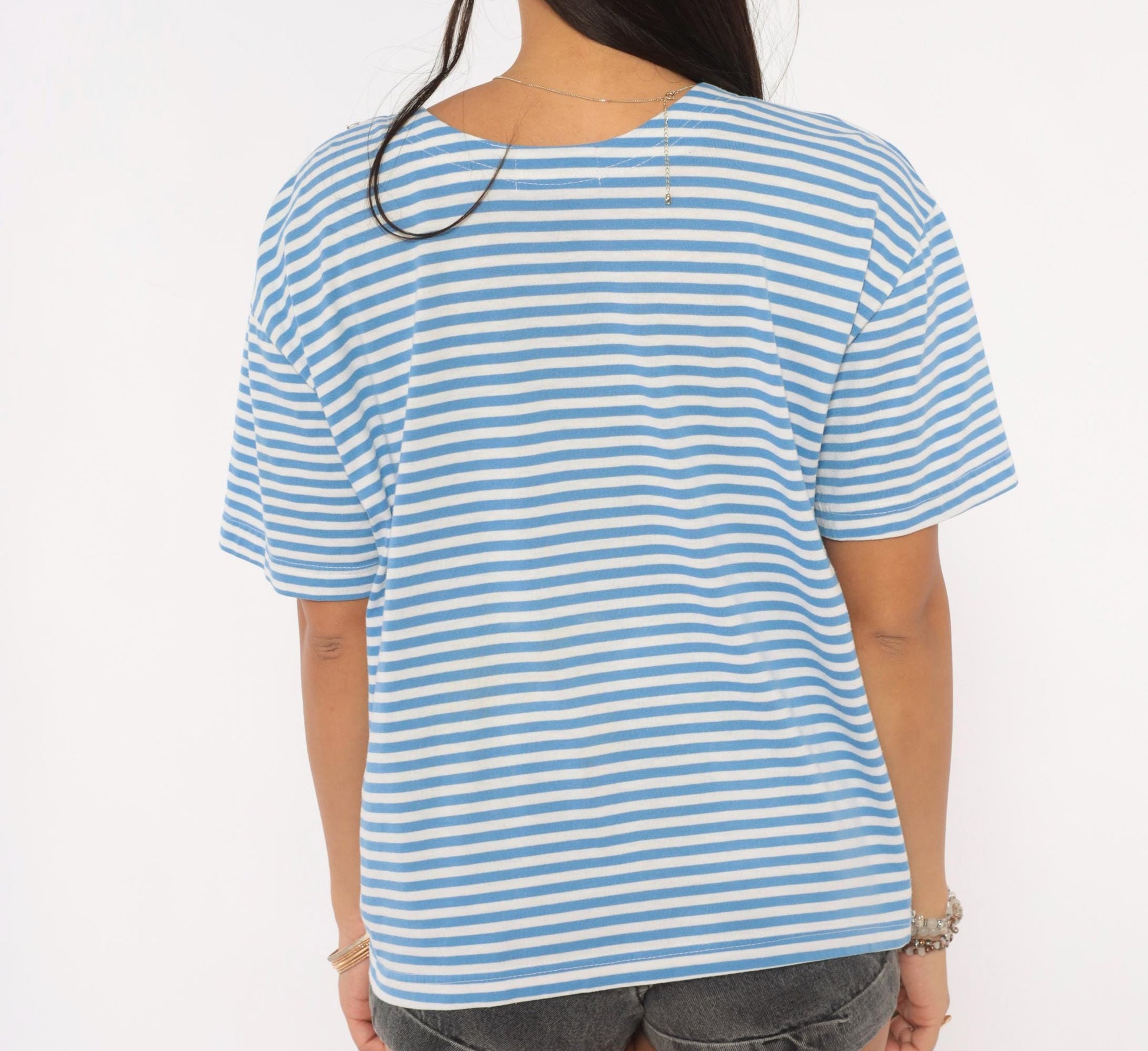 90s Shenanigans Blue White Striped Floral Embroidered Tee Large