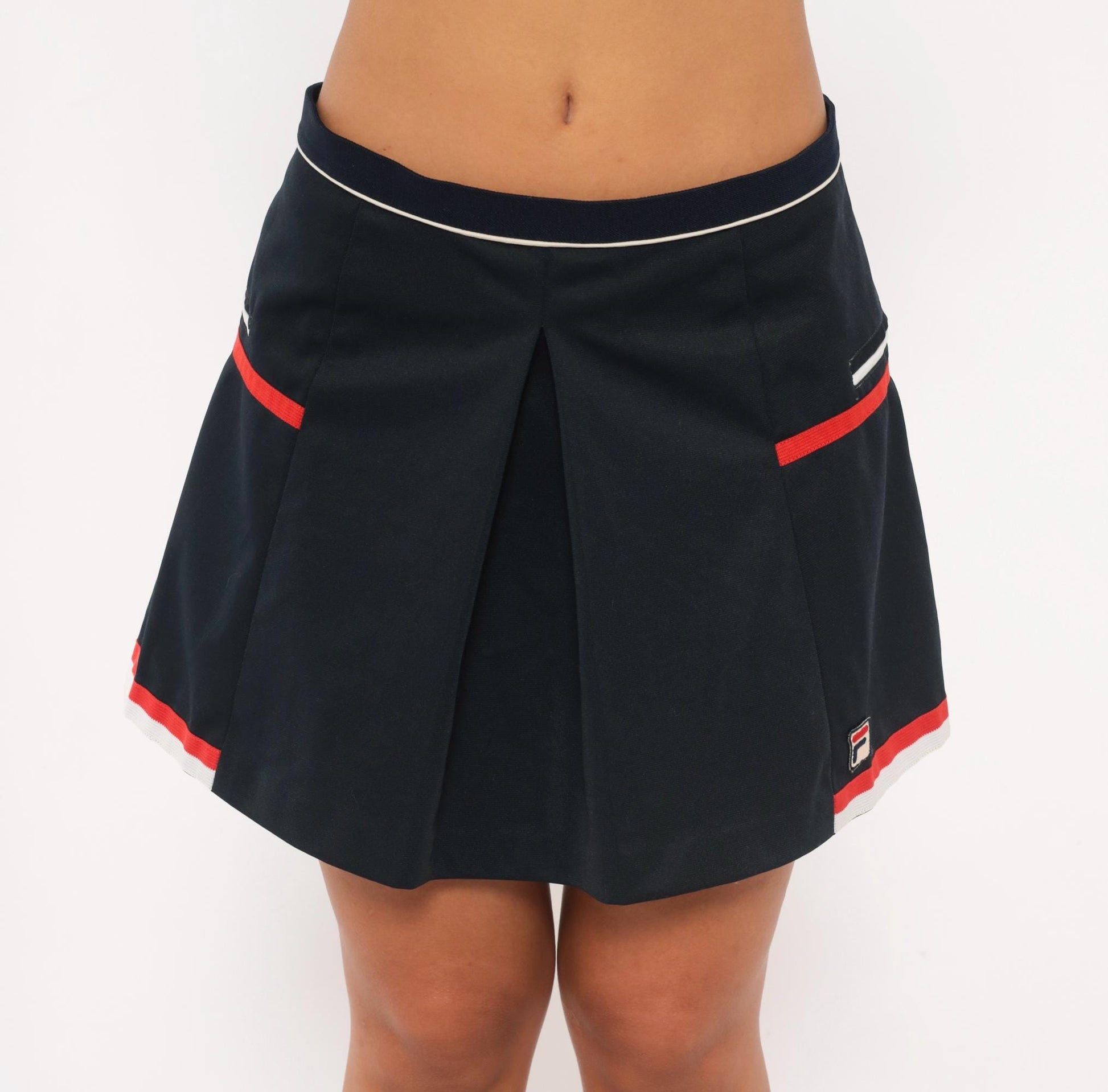 90s Fila Tennis Skirt Navy Pleated Mini Red White Stripe Trim Large L