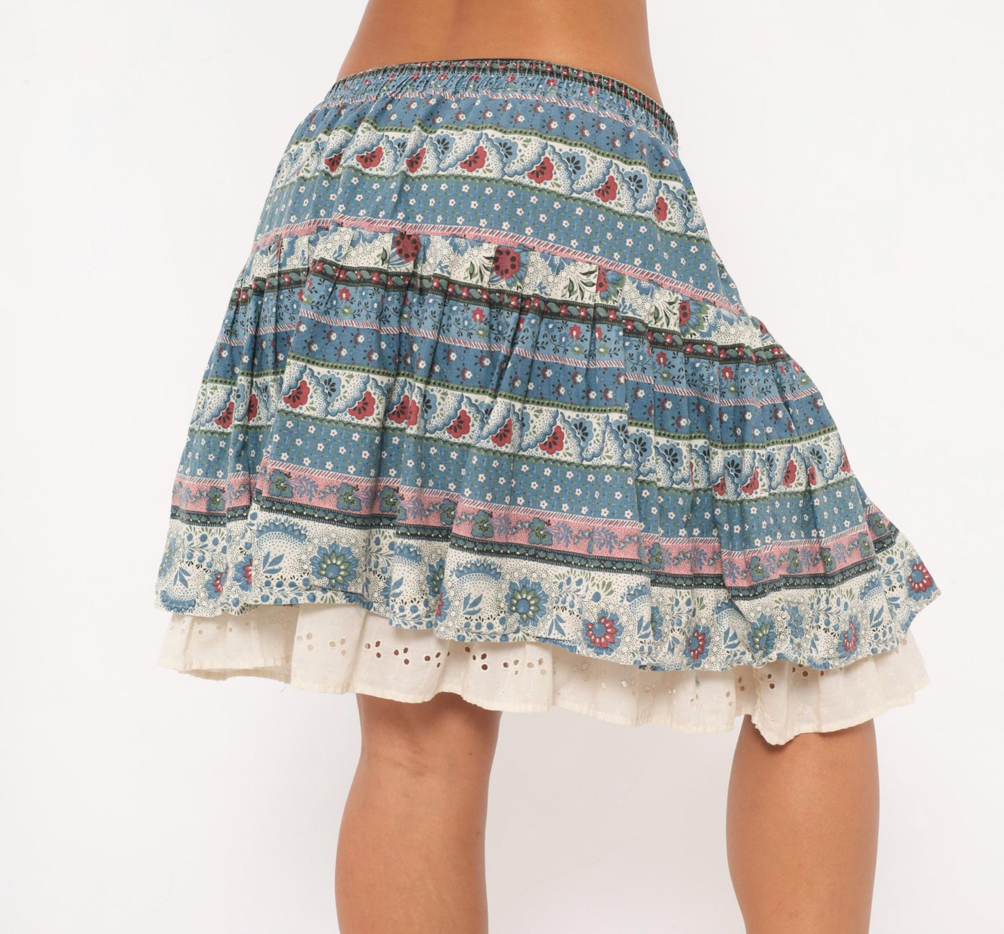 90s New Girls' Generation Tiered Prairie Skirt Blue Burgundy Floral Large L