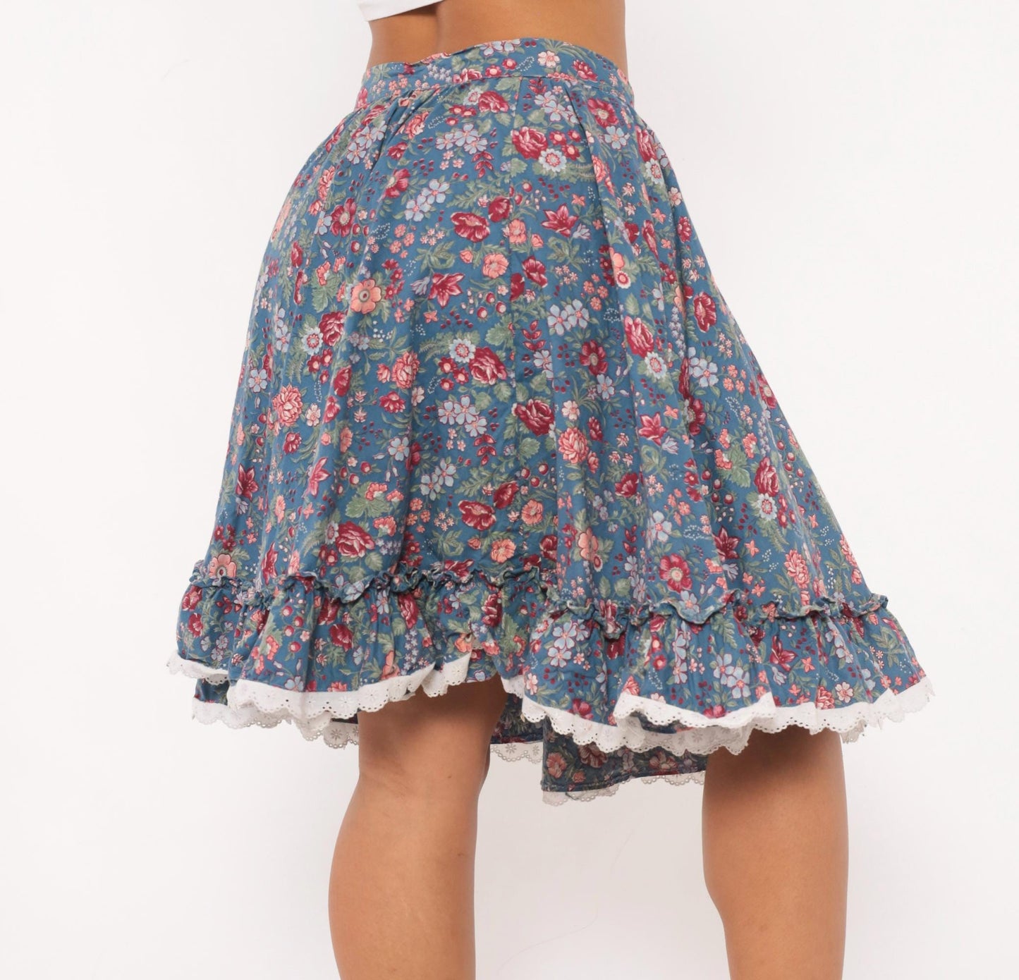 80s Dusty Blue Floral Circle Skirt Cotton Ruffled Lace Trim Small S