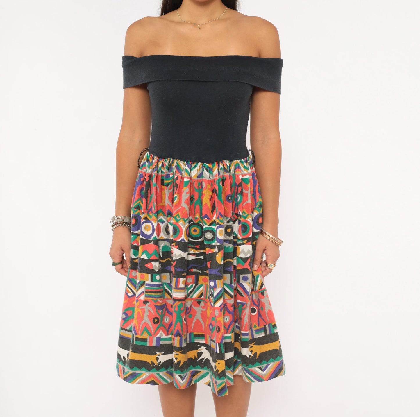 90s Victoria Off-Shoulder Dress Black Multicolor Fish Print Knee-Length Small S