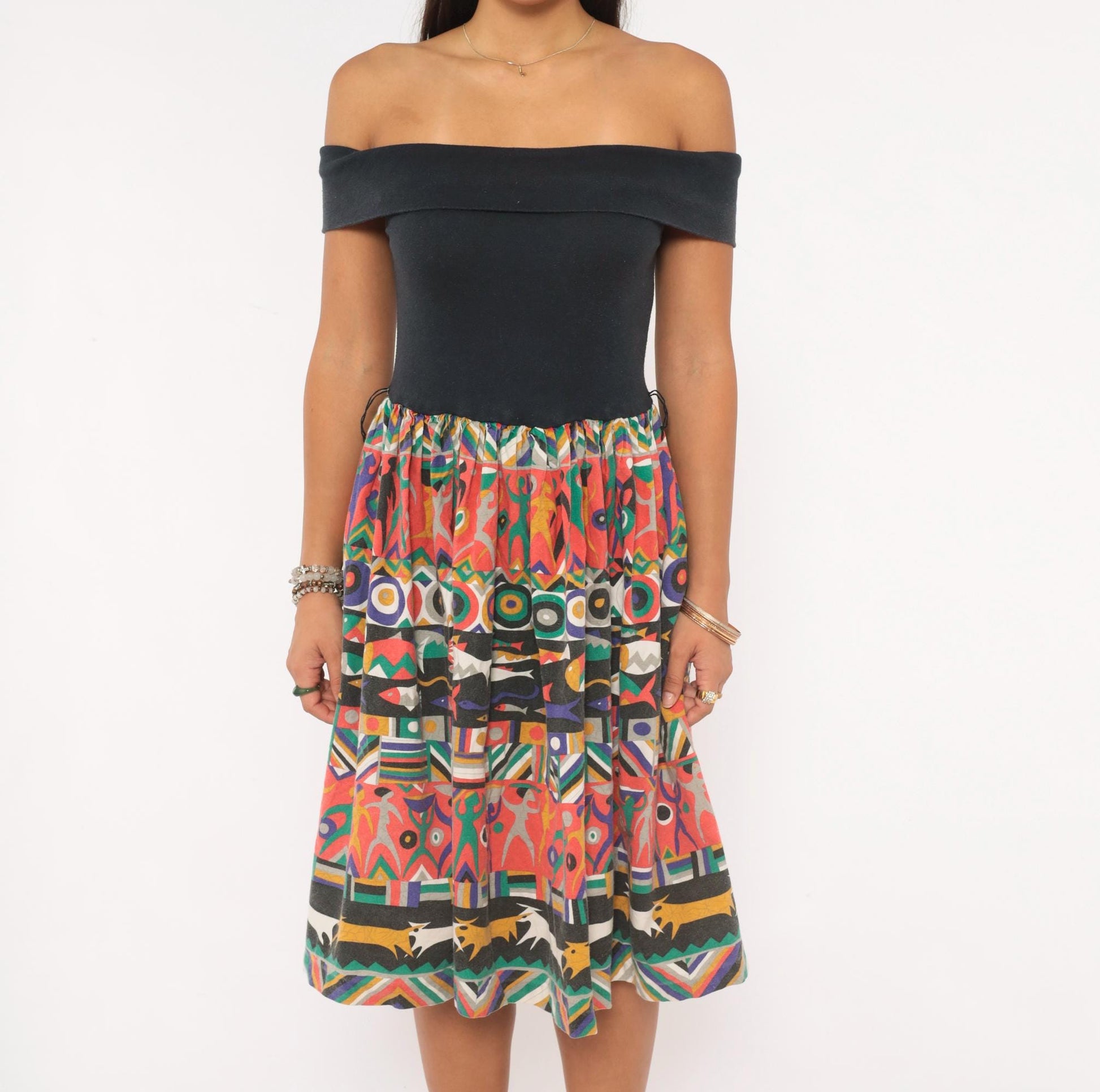 90s Victoria Off-Shoulder Dress Black Multicolor Fish Print Knee-Length Small S