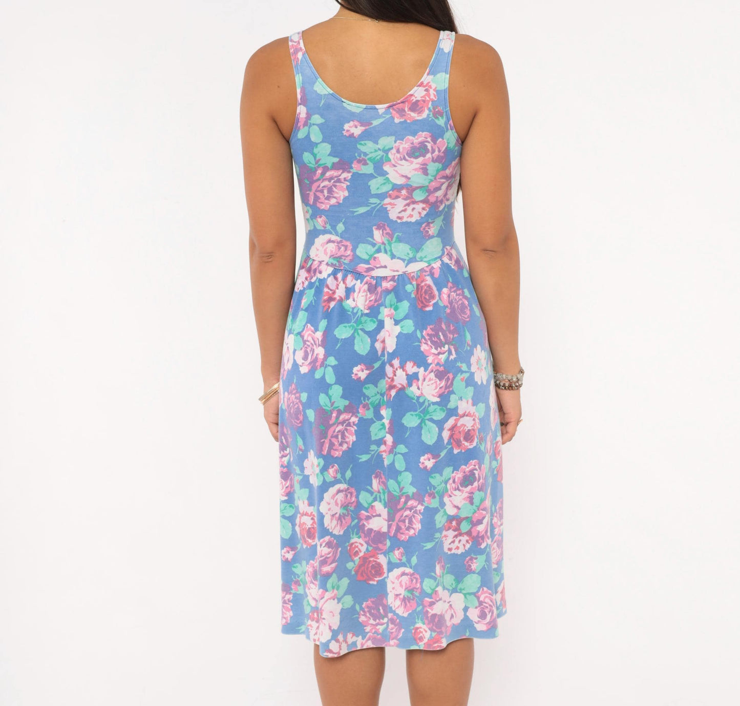 80s Periwinkle Floral Sundress Rose Print Gathered Skirt Knee Length XS