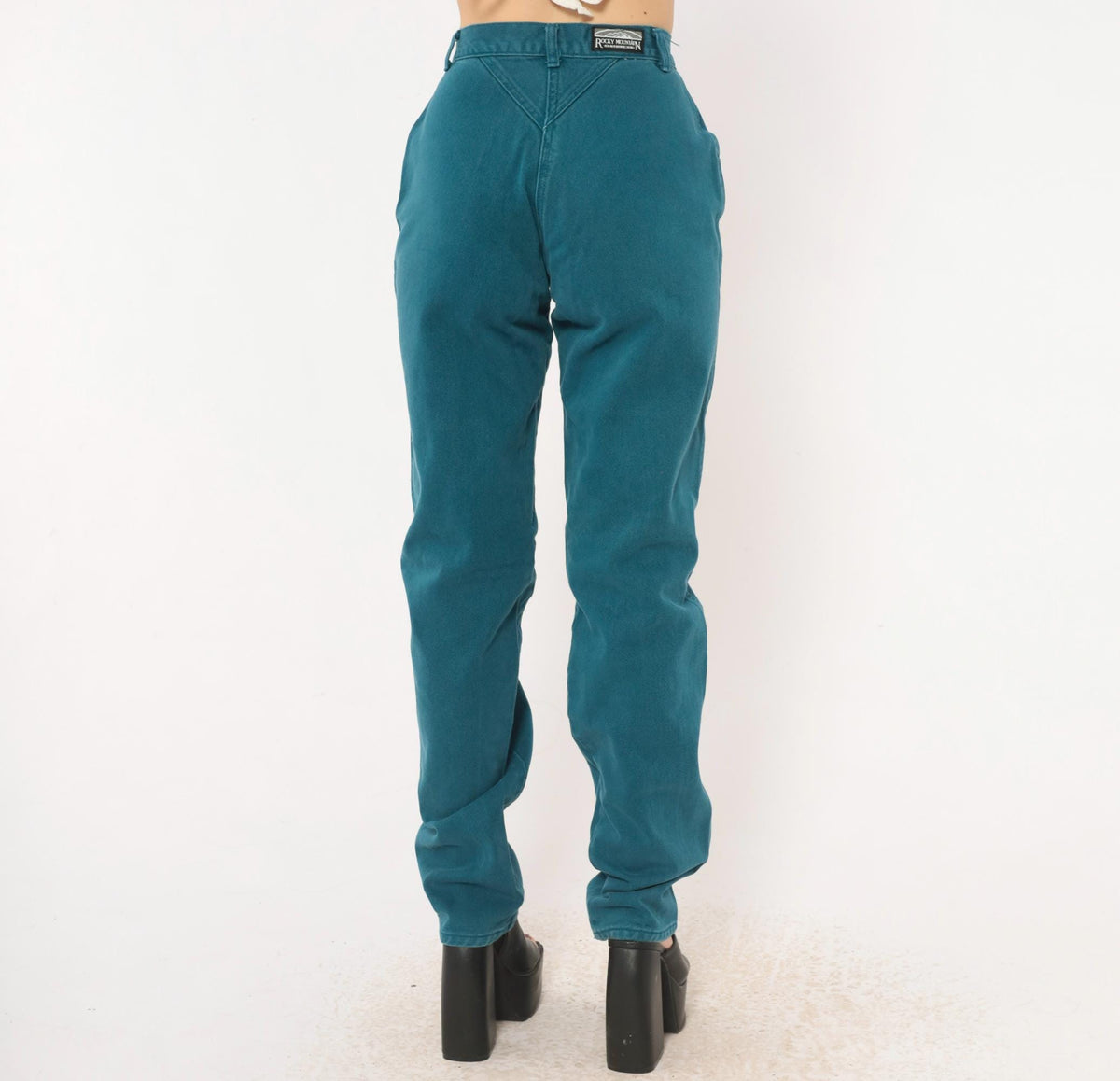 90s Rocky Mountain Teal Denim High Waist Mom Jeans Tapered Straight Leg Extra Small XS