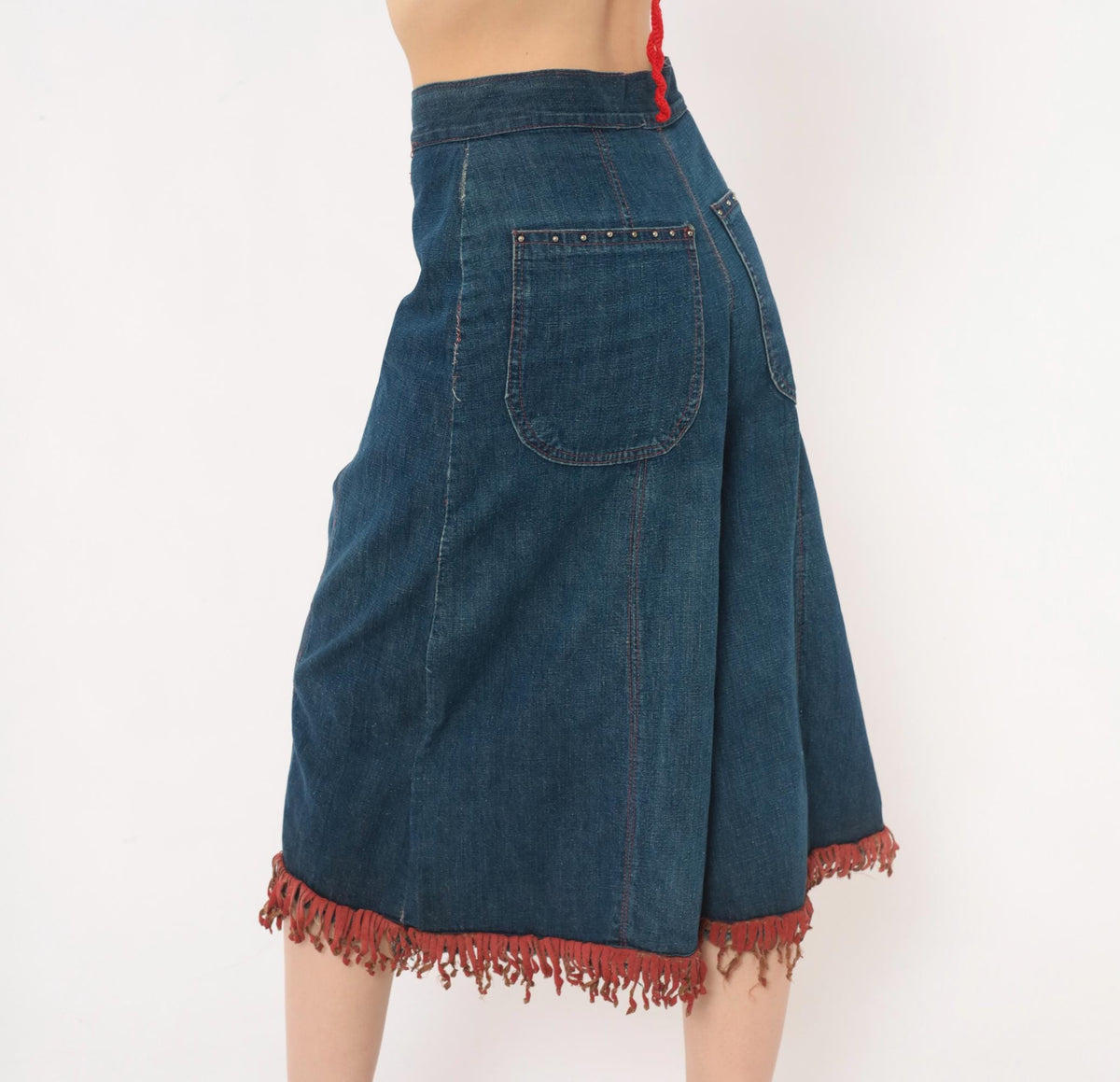 80s Blue Denim Wide Leg Shorts Red Fringe Lace Up Front Studded Medium M