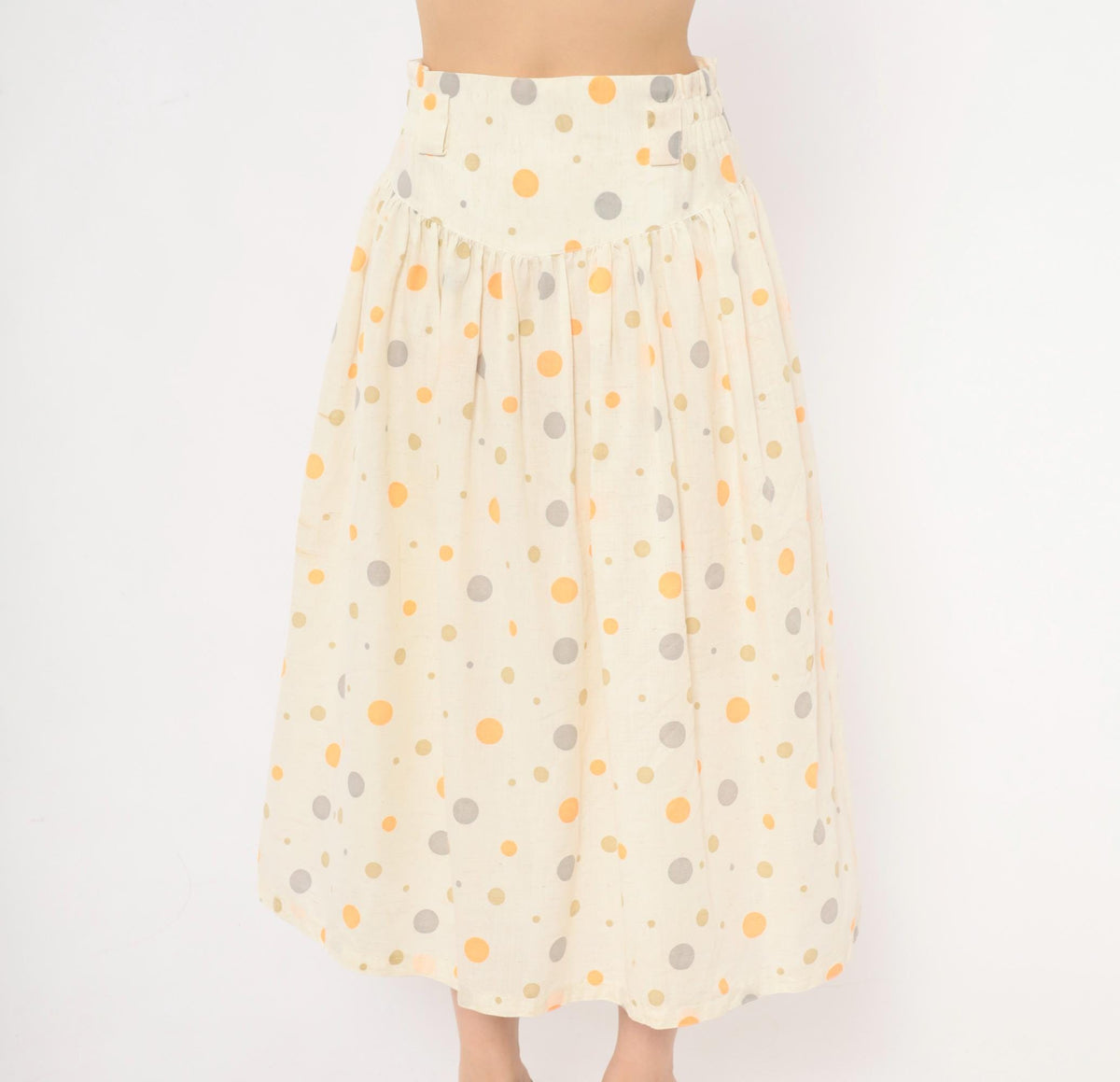 90s Polka Dot Midi Skirt Cream Orange Gray Cotton Gathered High Waist Medium