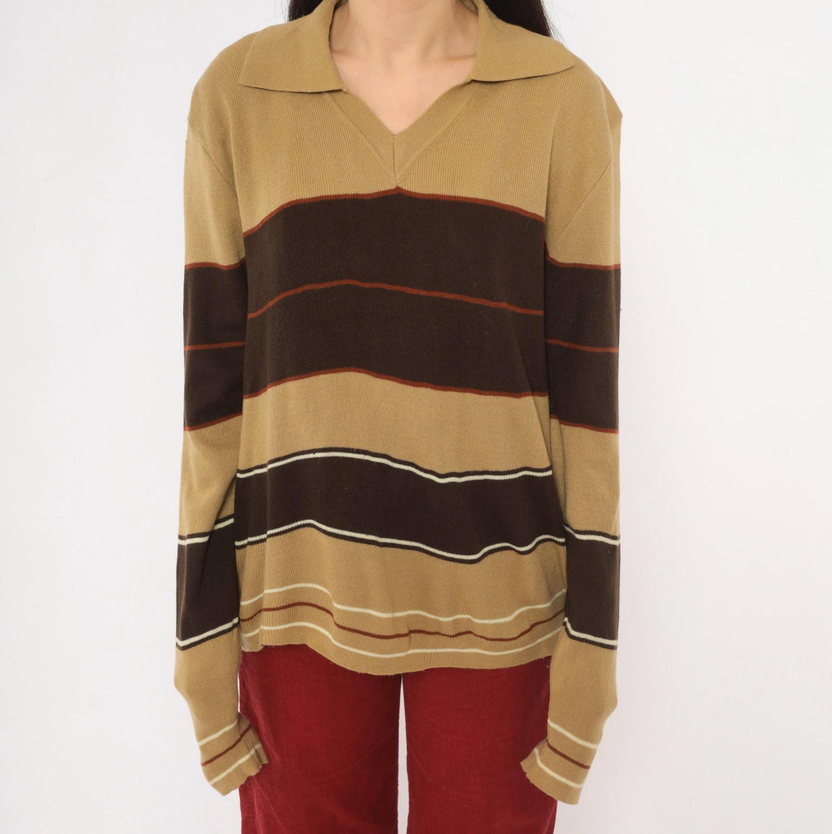 80s Alfie California Striped Polo Sweater Brown Tan Rust Medium