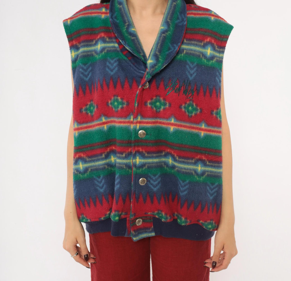 90s Emi Southwestern Fleece Vest Red Blue Geometric Shawl Collar Large L