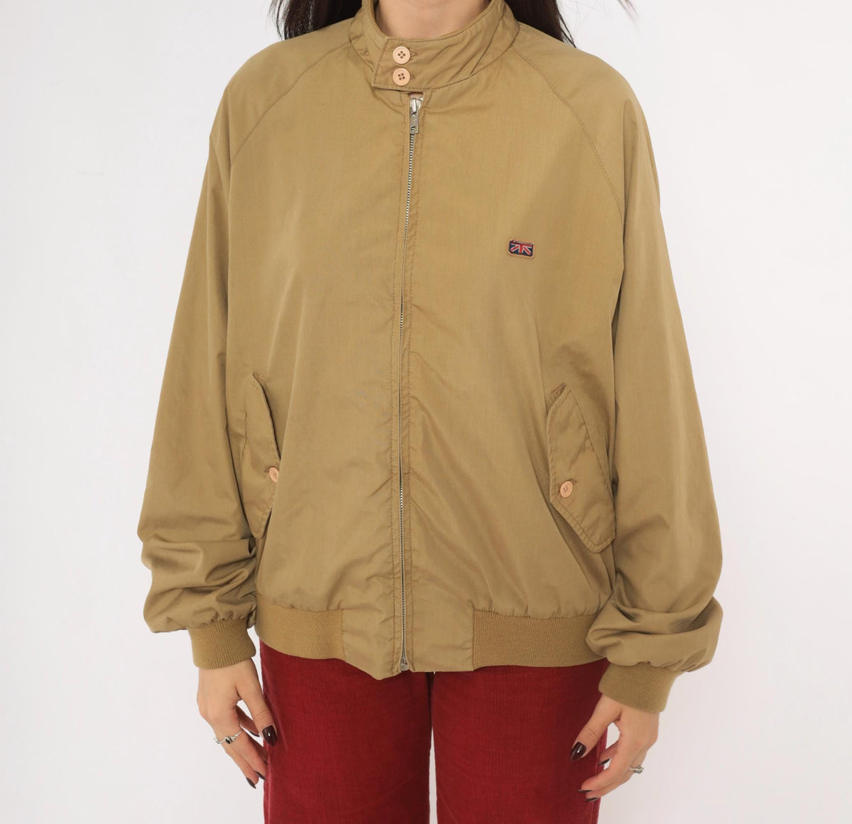 80s Brittania Harrington Jacket Beige Cotton Raglan Stand Collar Medium
