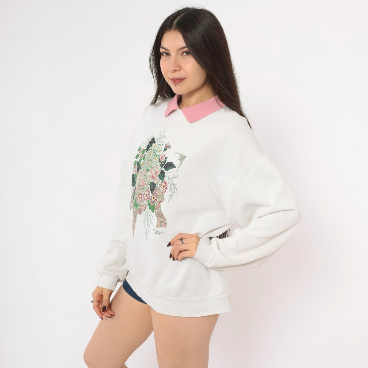 90s Morning Sun Floral Sweatshirt Pink Roses Off White Raglan Large L